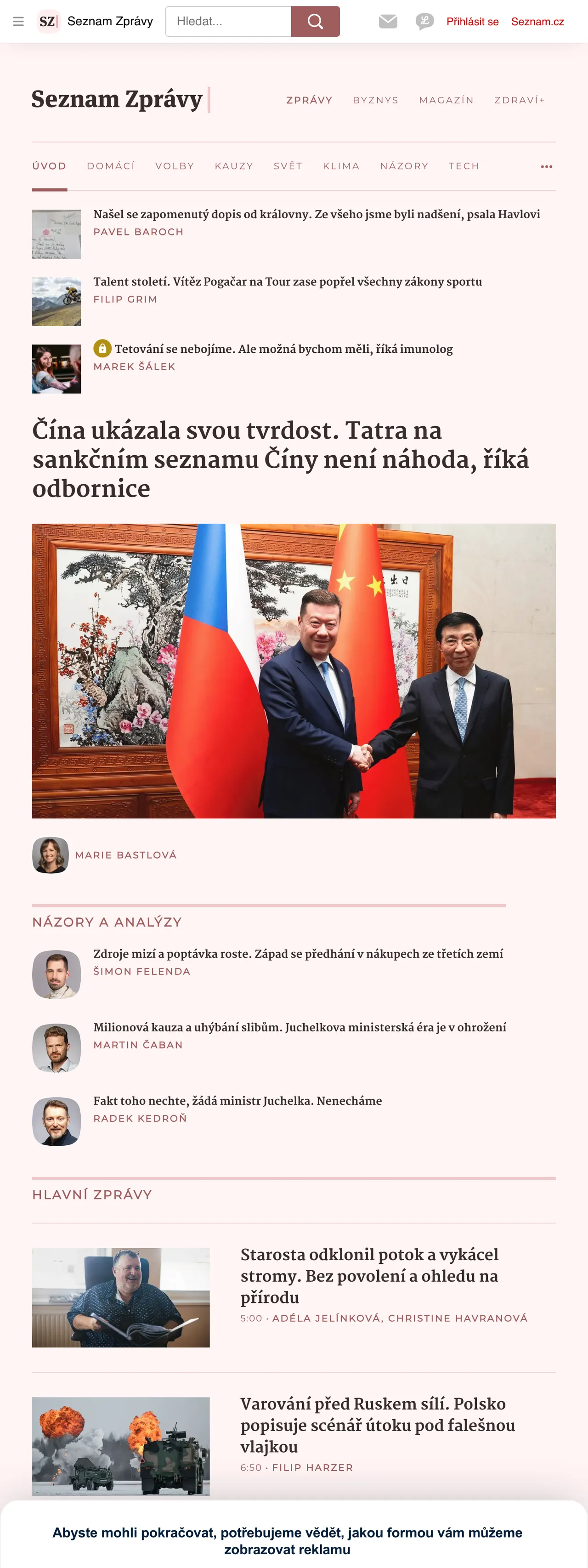 Screenshot of the Seznam Zprávy front page