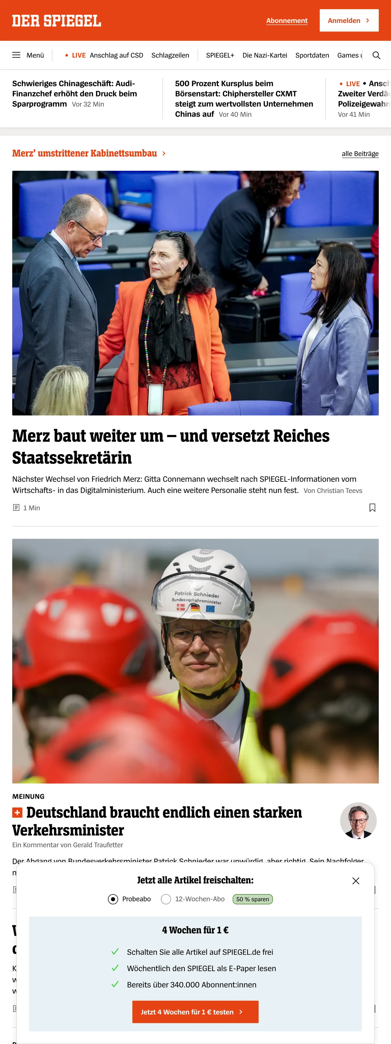 Screenshot of the DER SPIEGEL front page