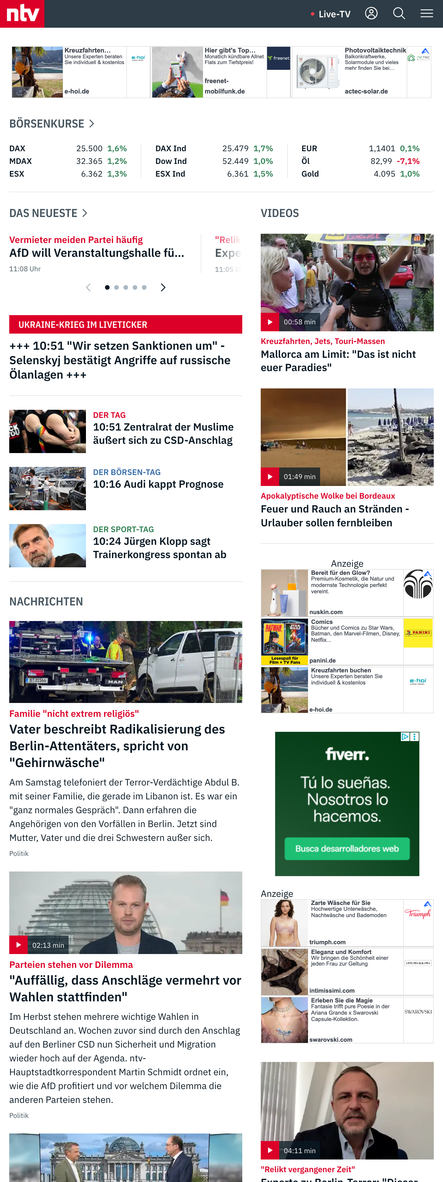 Screenshot of the n-tv front page
