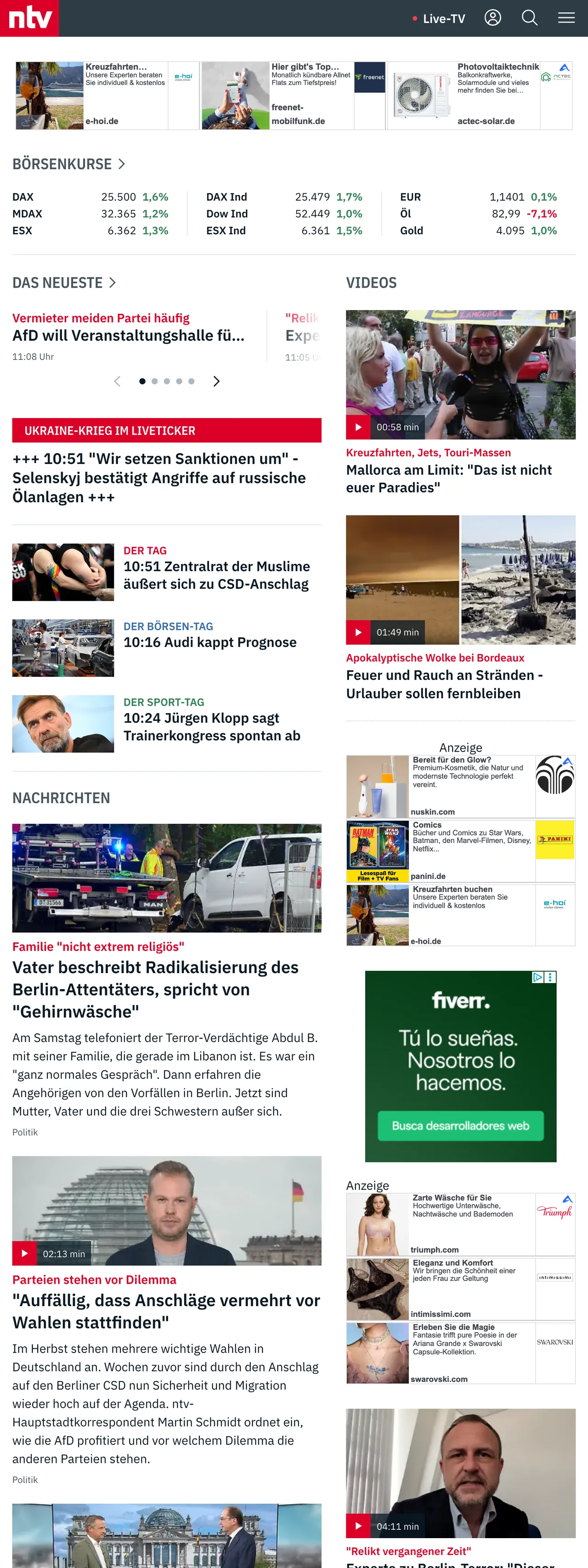 Screenshot of the n-tv front page