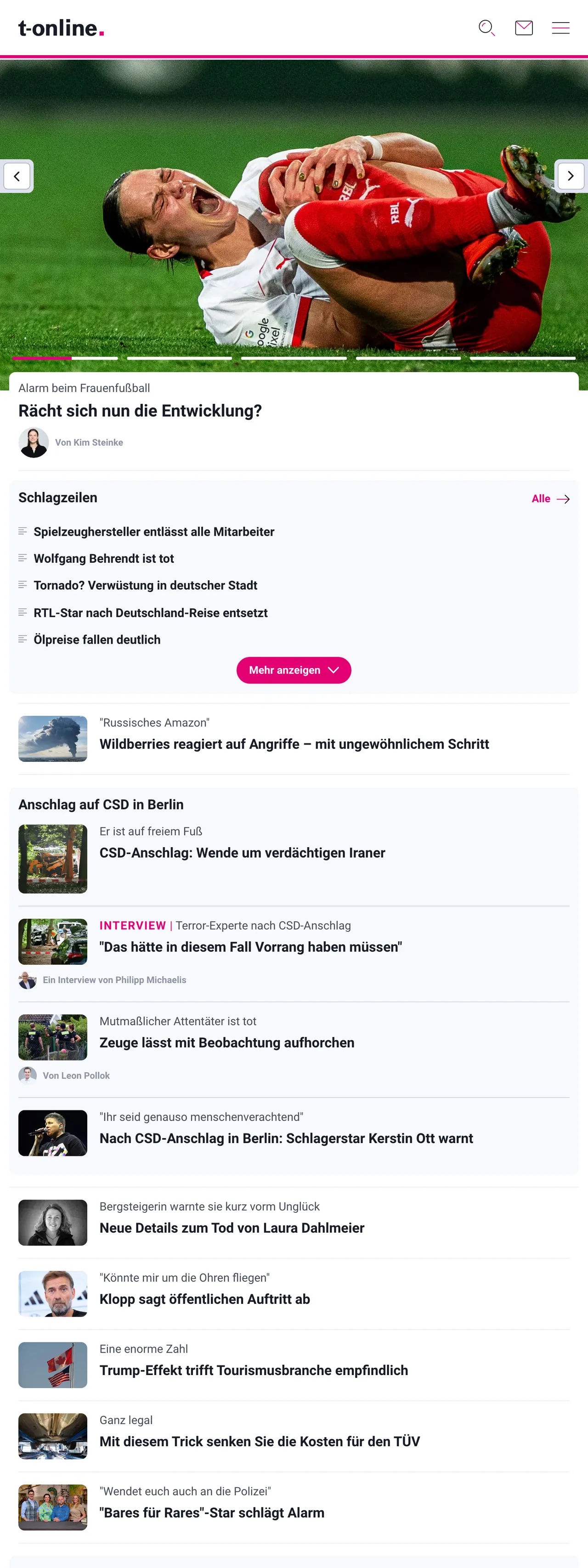 Screenshot of the t-online front page