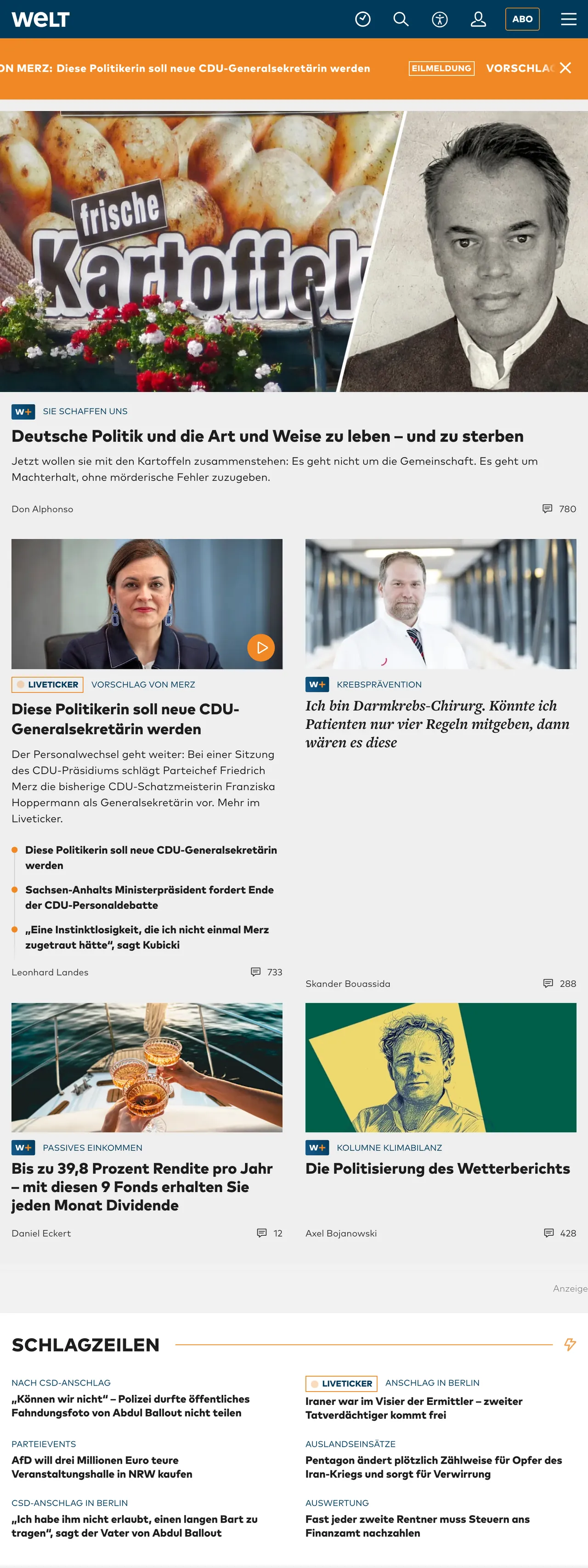 Screenshot of the WELT front page
