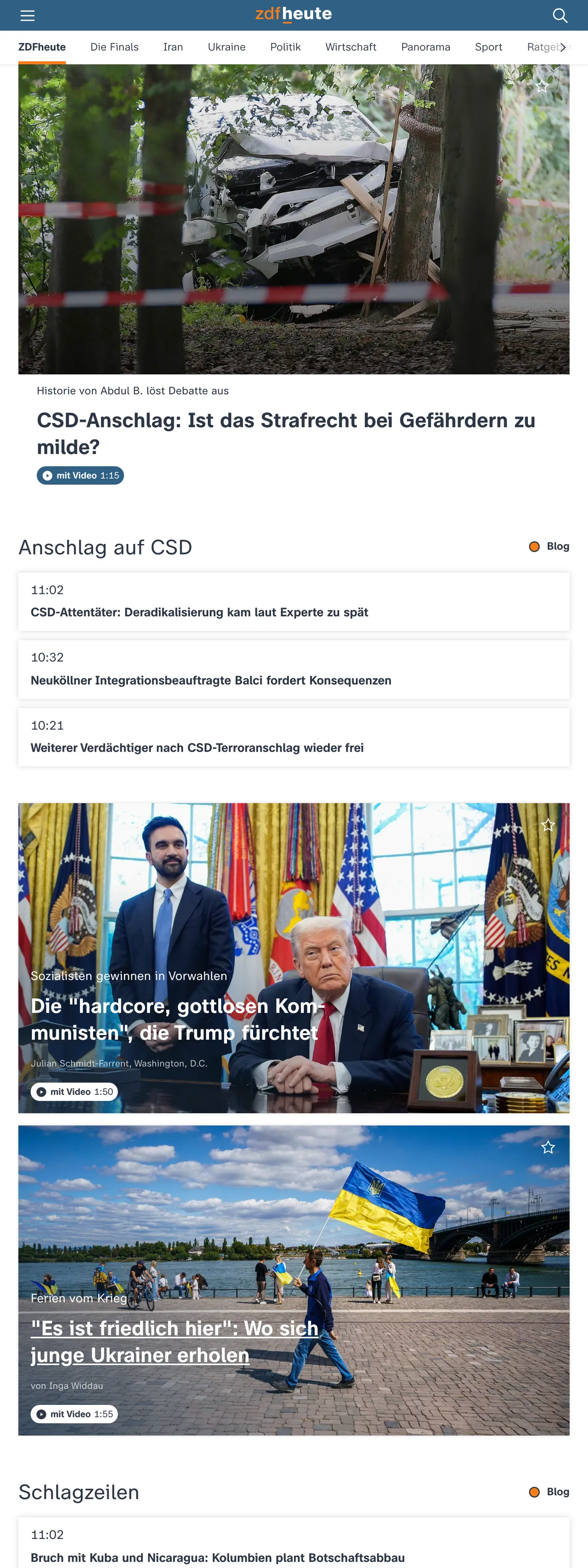 Screenshot of the ZDFheute front page