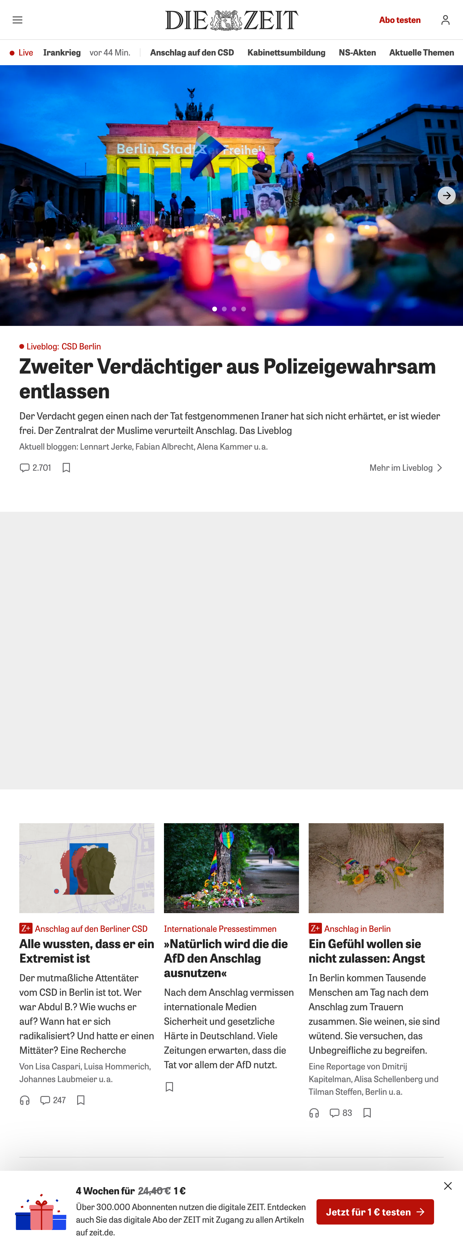 Screenshot of the ZEIT ONLINE front page