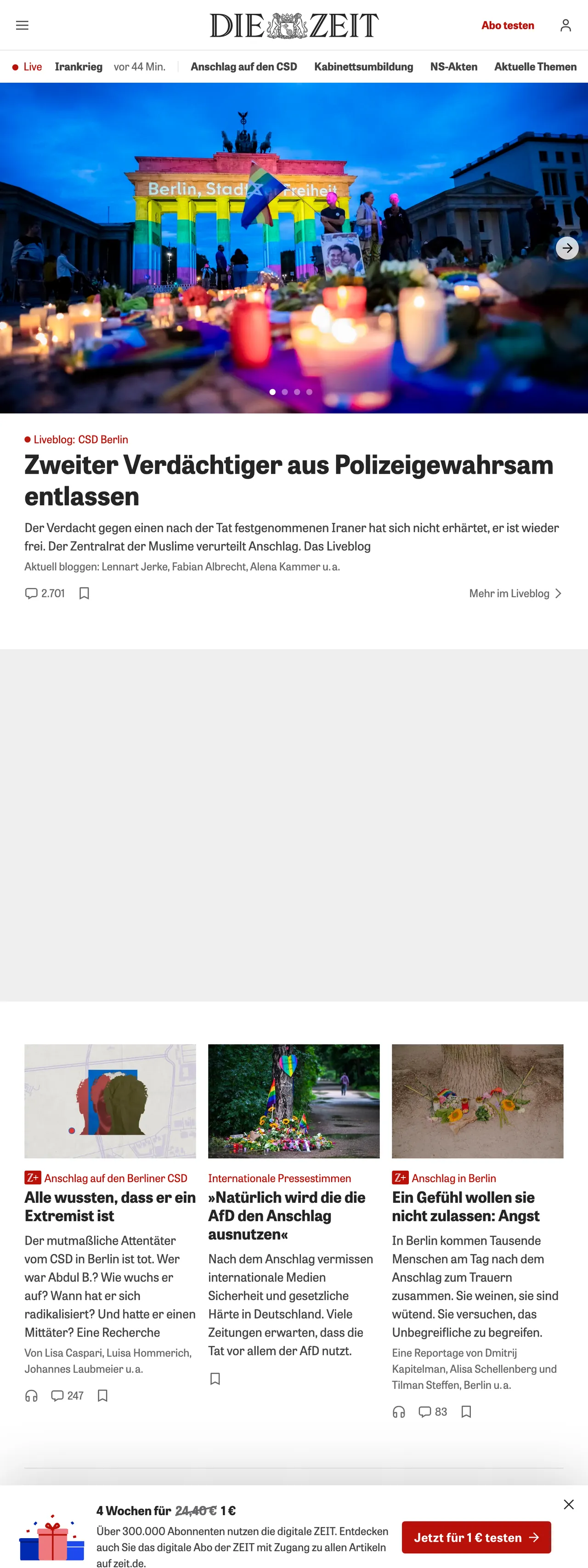 Screenshot of the ZEIT ONLINE front page