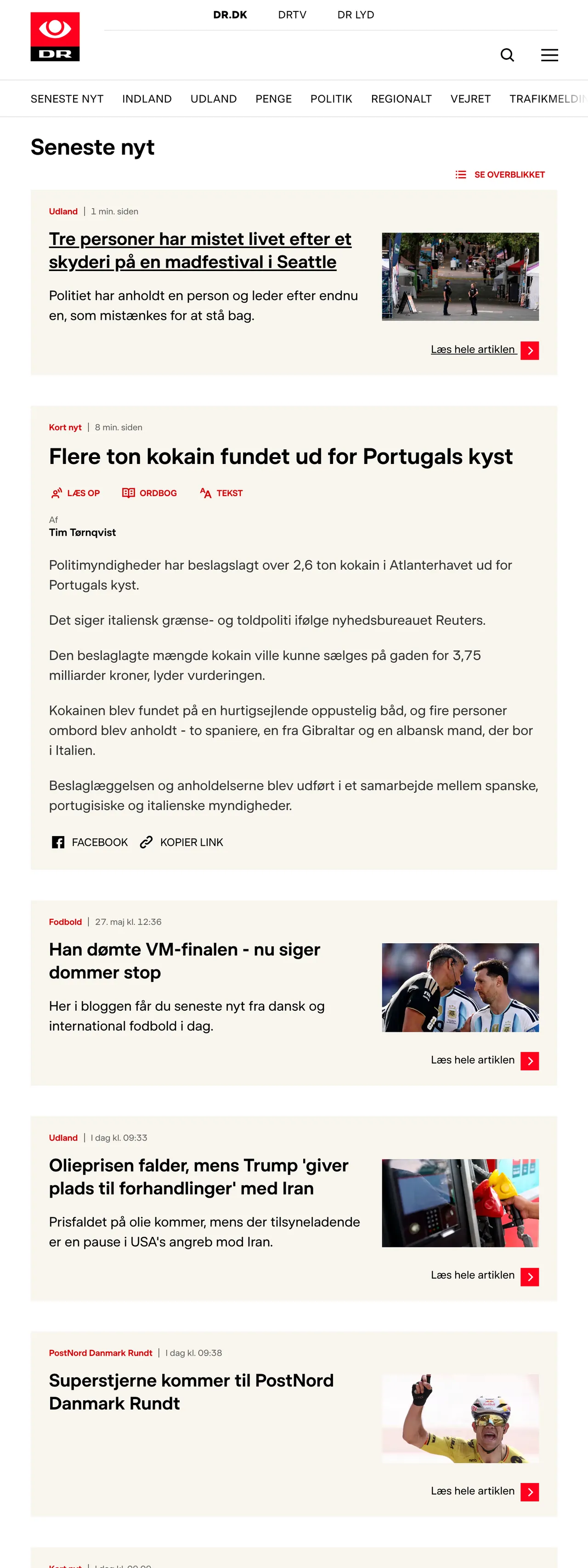 Screenshot of the DR front page