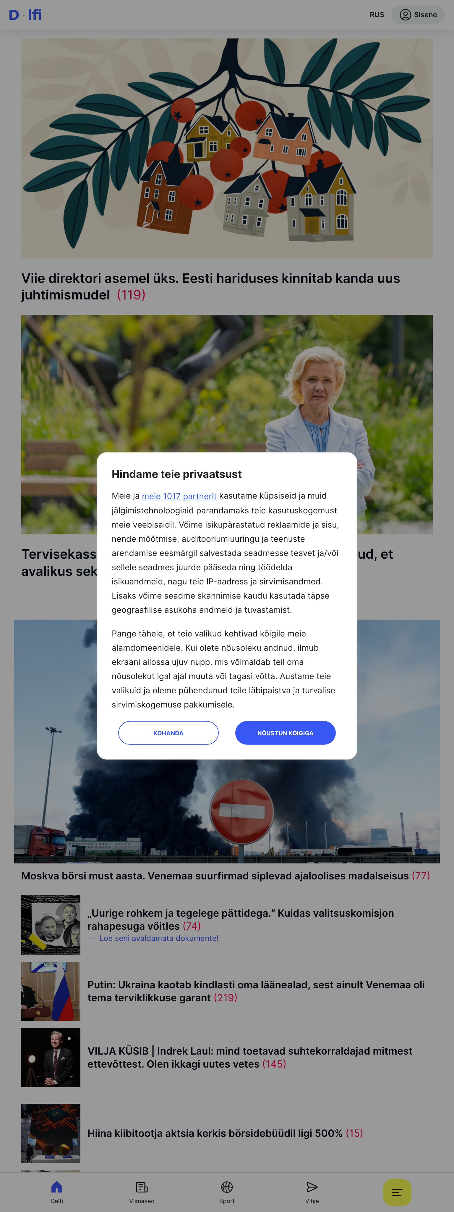 Screenshot of the Delfi front page