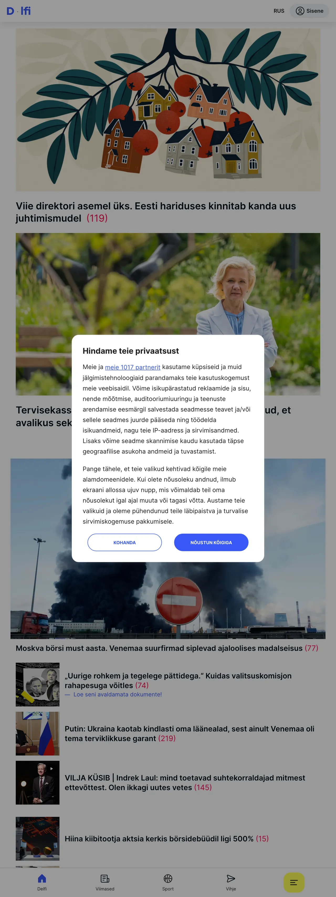 Screenshot of the Delfi front page