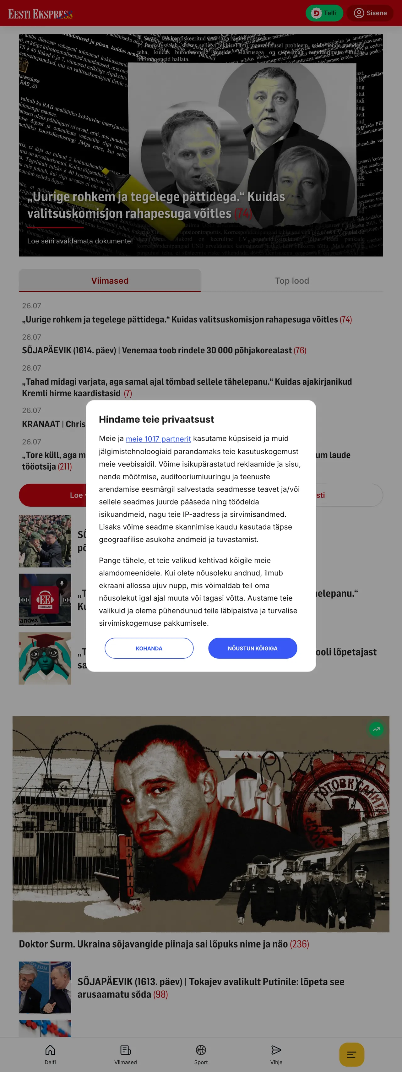 Screenshot of the Eesti Ekspress front page