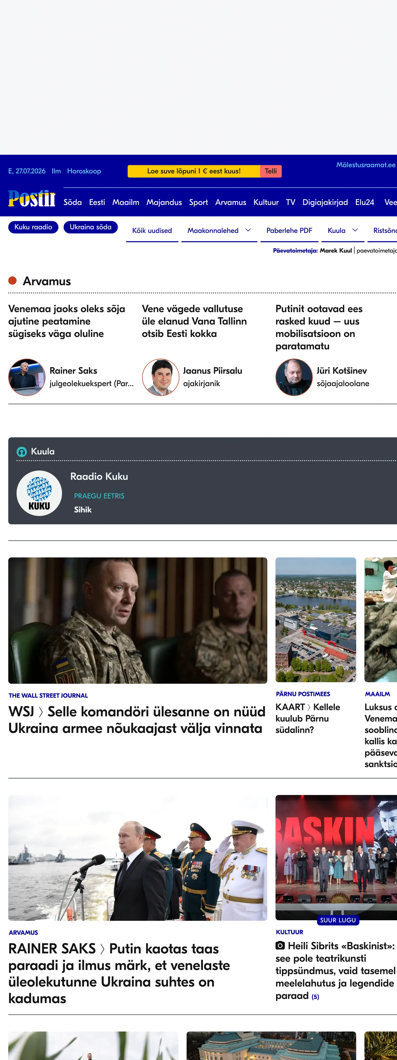 Screenshot of the Postimees front page