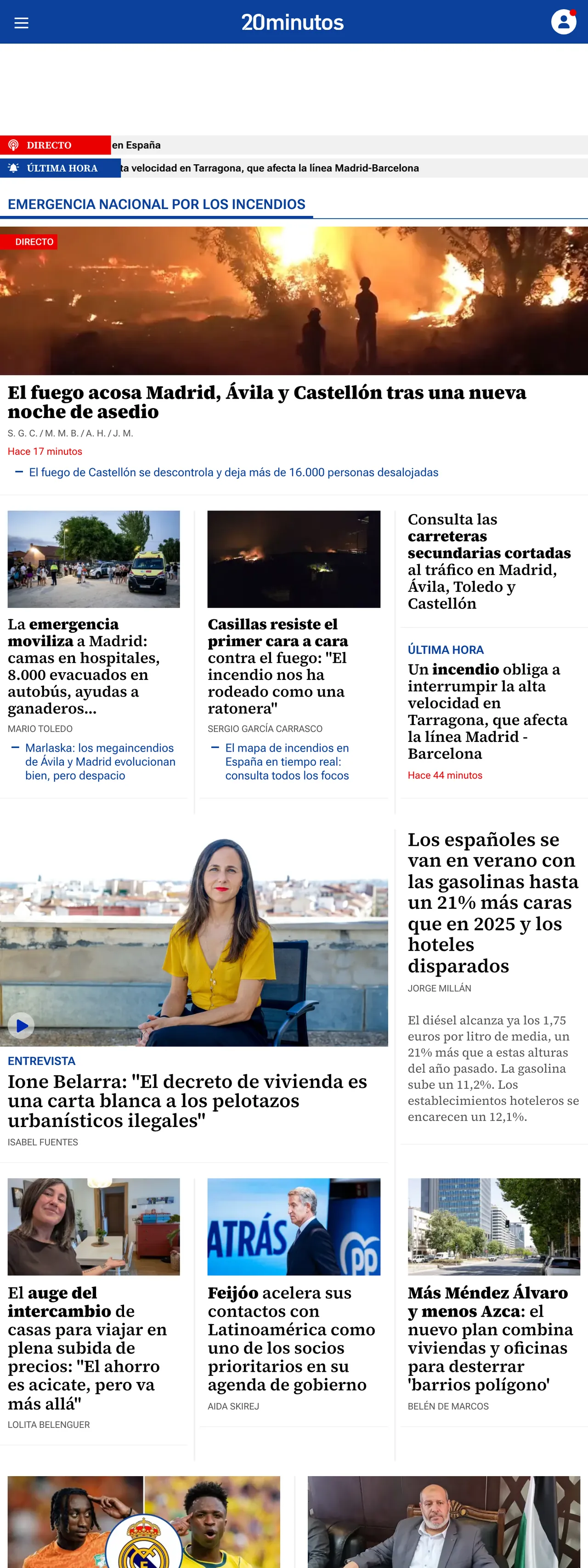 Screenshot of the 20minutos front page