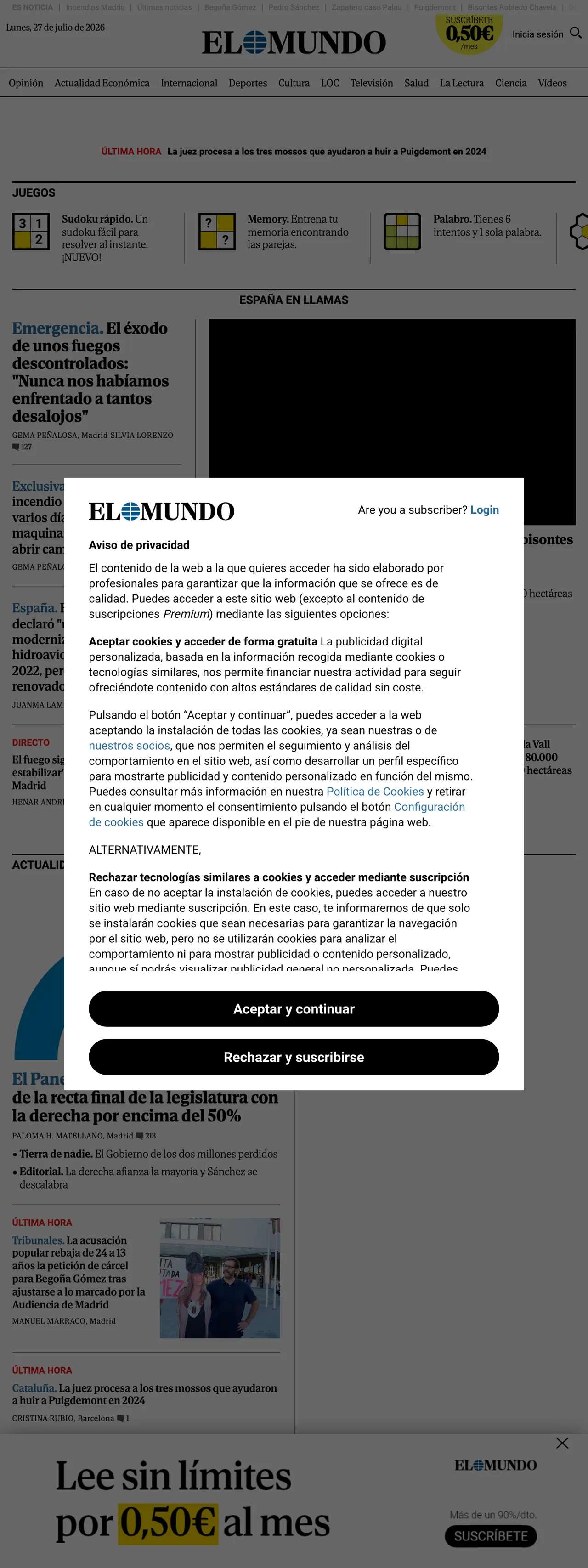 Screenshot of the El Mundo front page