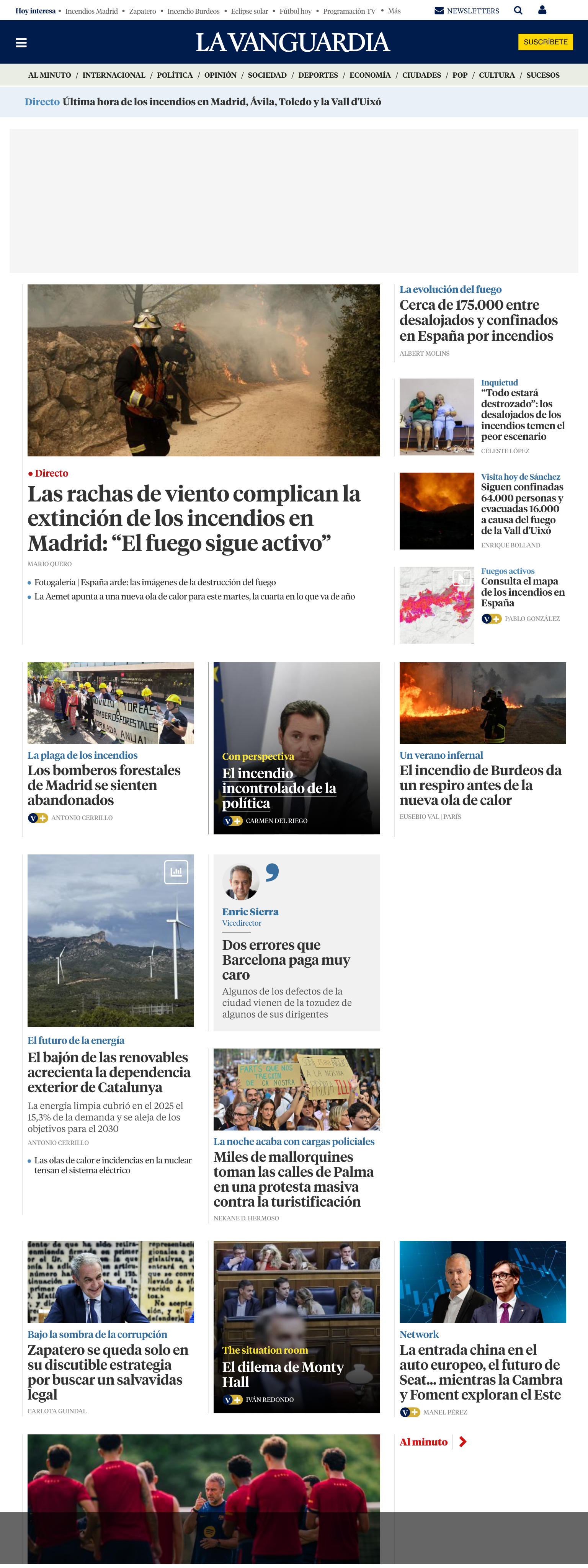 Screenshot of the La Vanguardia front page