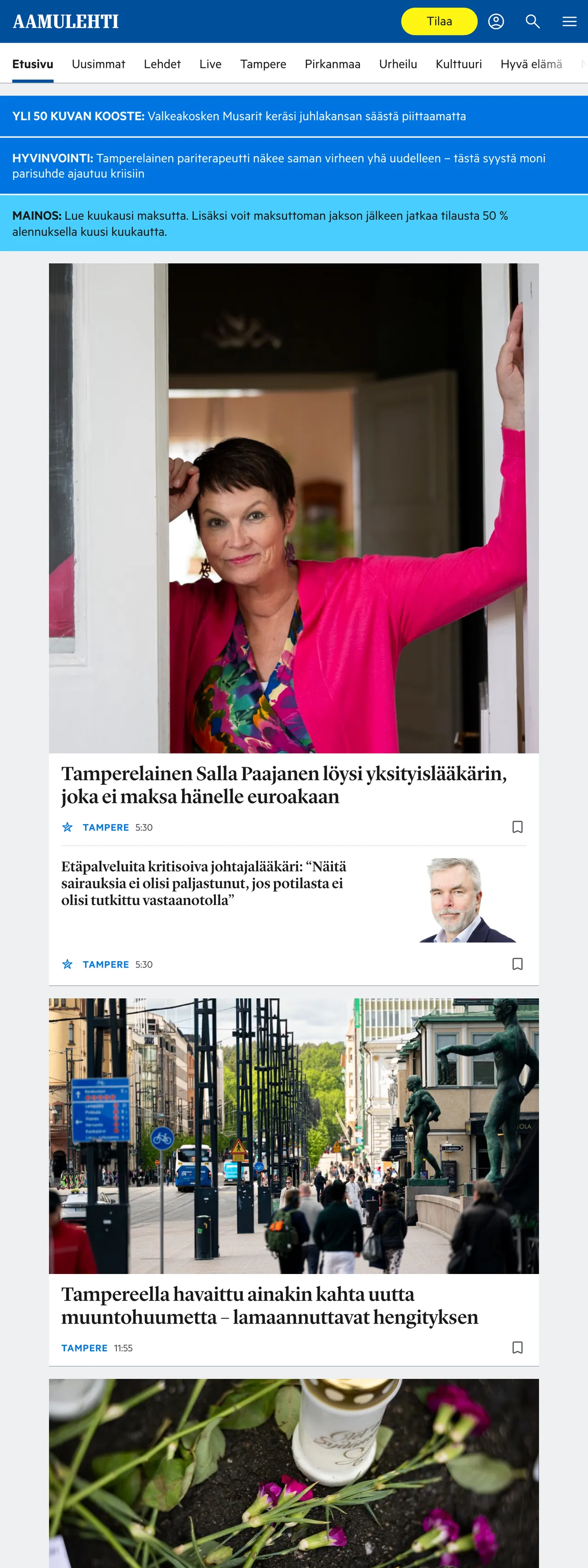 Screenshot of the Aamulehti front page