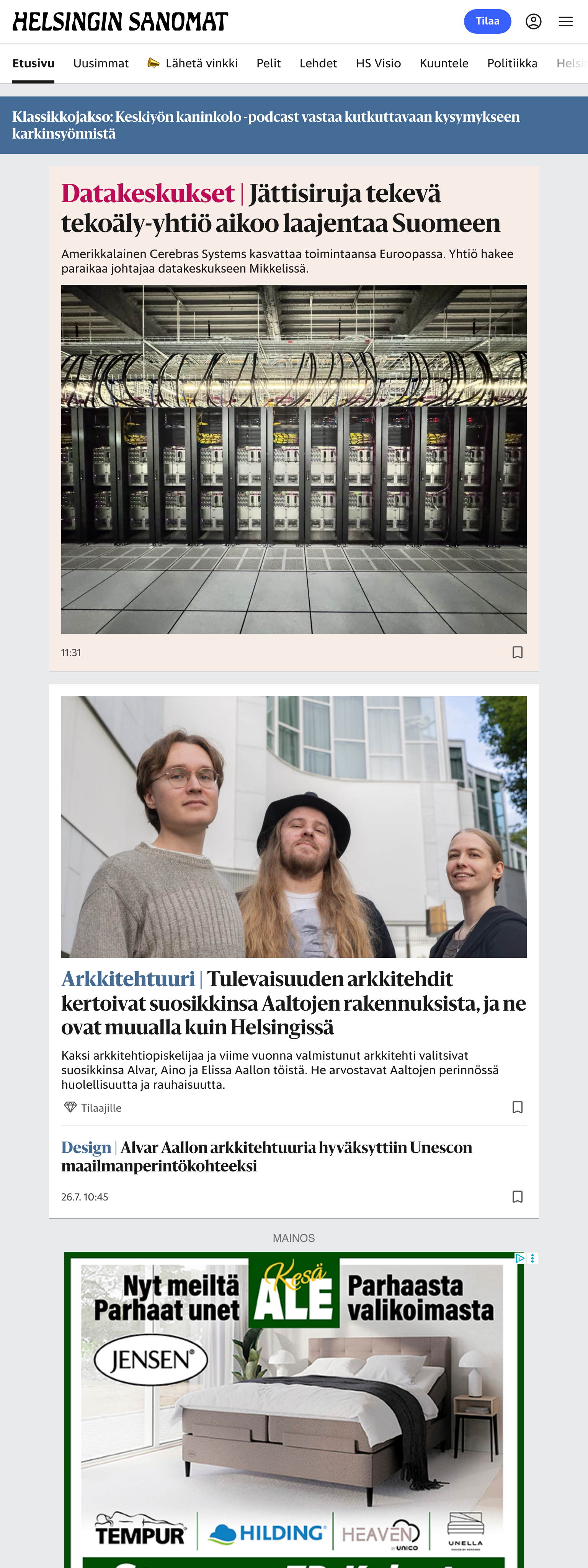 Screenshot of the Helsingin Sanomat front page