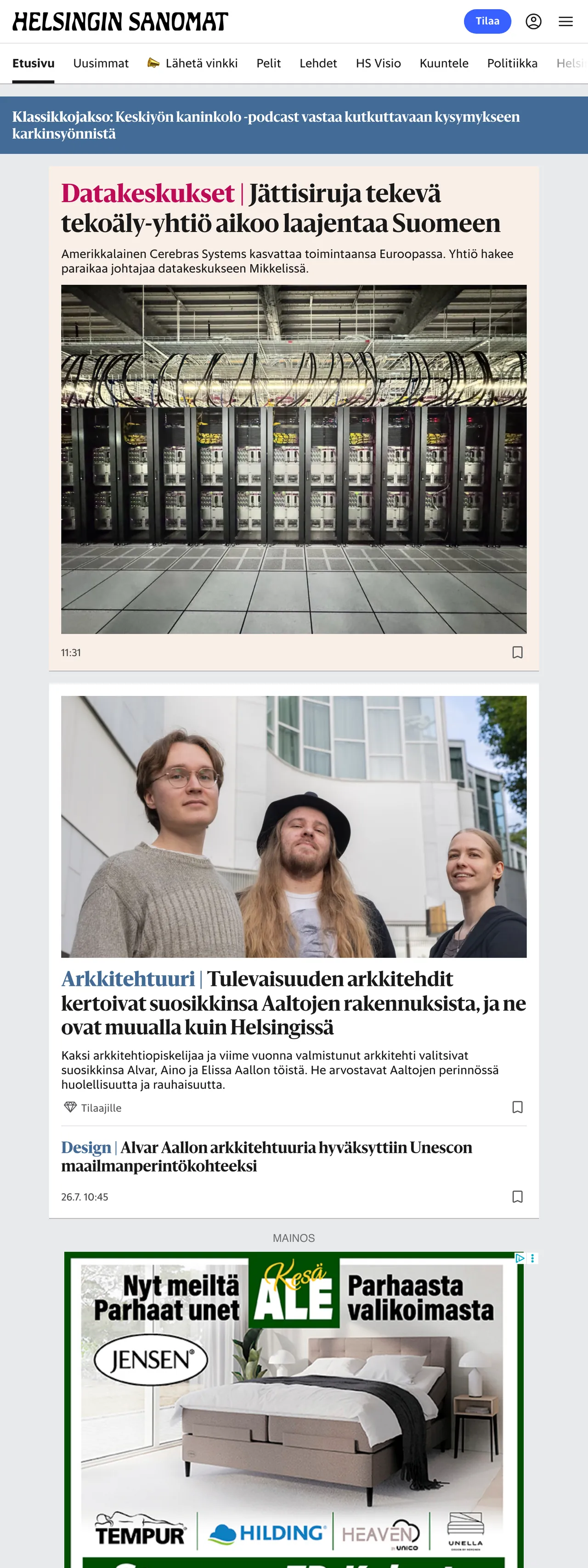 Screenshot of the Helsingin Sanomat front page