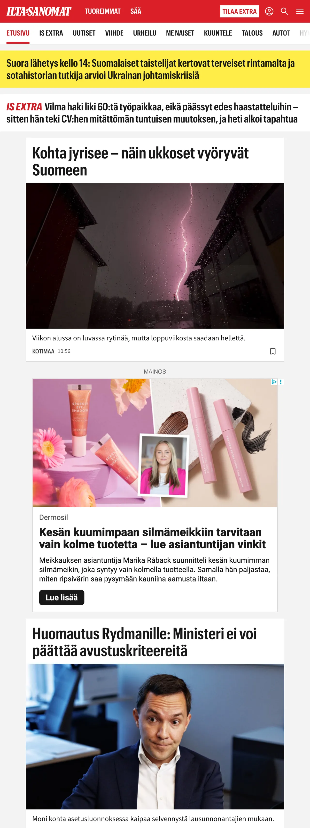 Screenshot of the Ilta-Sanomat front page