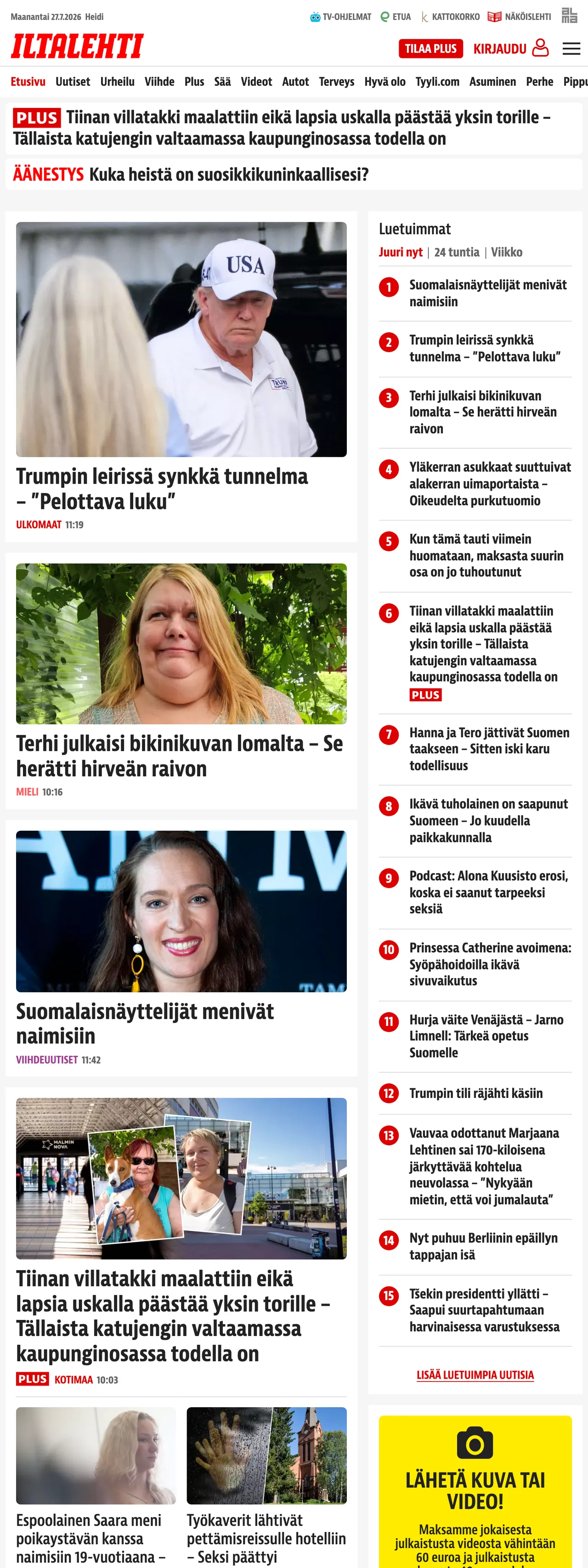 Screenshot of the Iltalehti front page