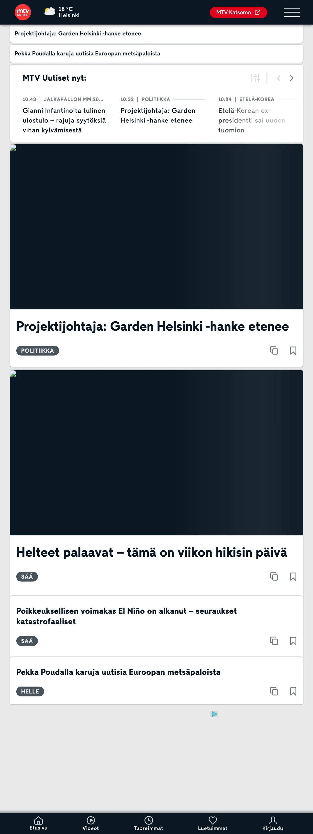 Screenshot of the MTV Uutiset front page