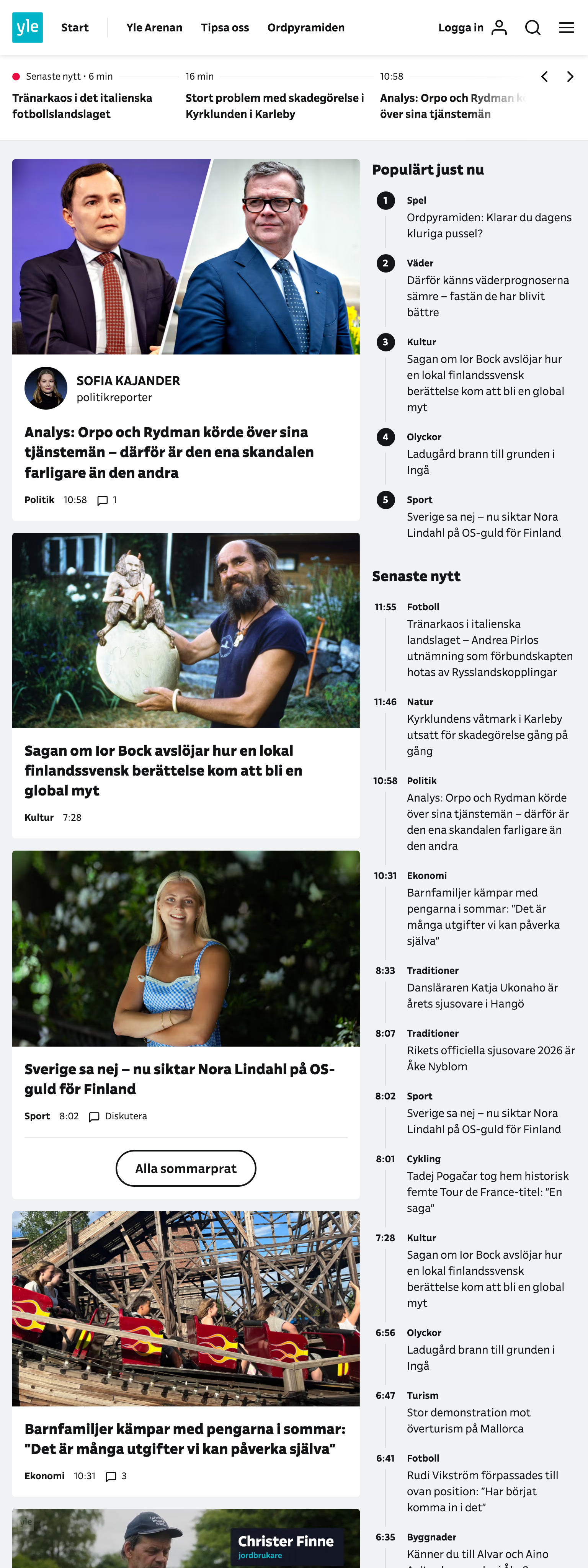 Screenshot of the Svenska Yle front page