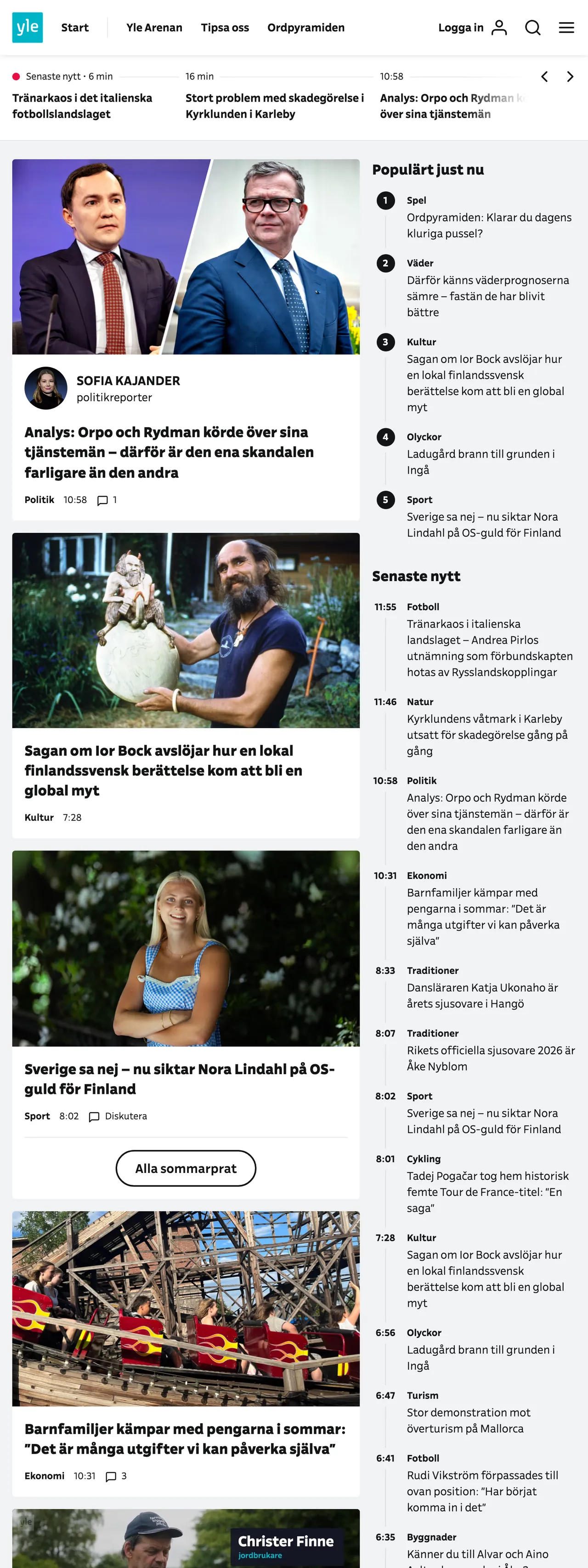 Screenshot of the Svenska Yle front page
