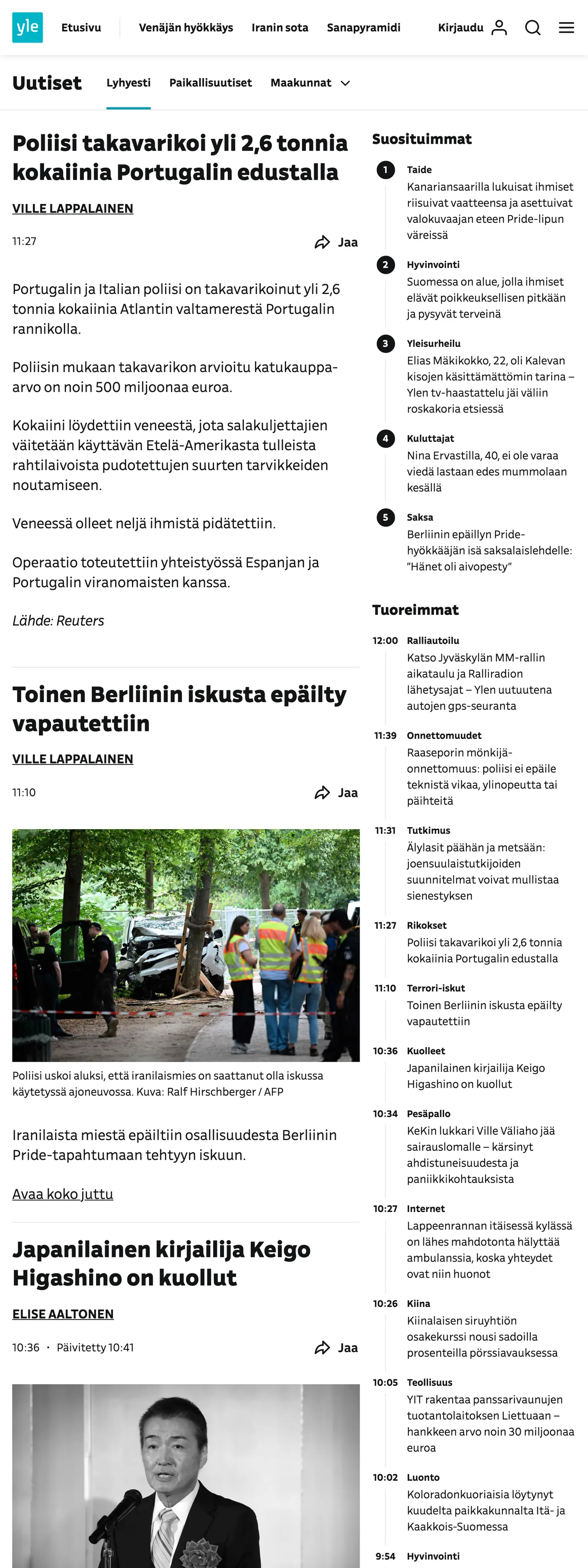 Screenshot of the Yle front page