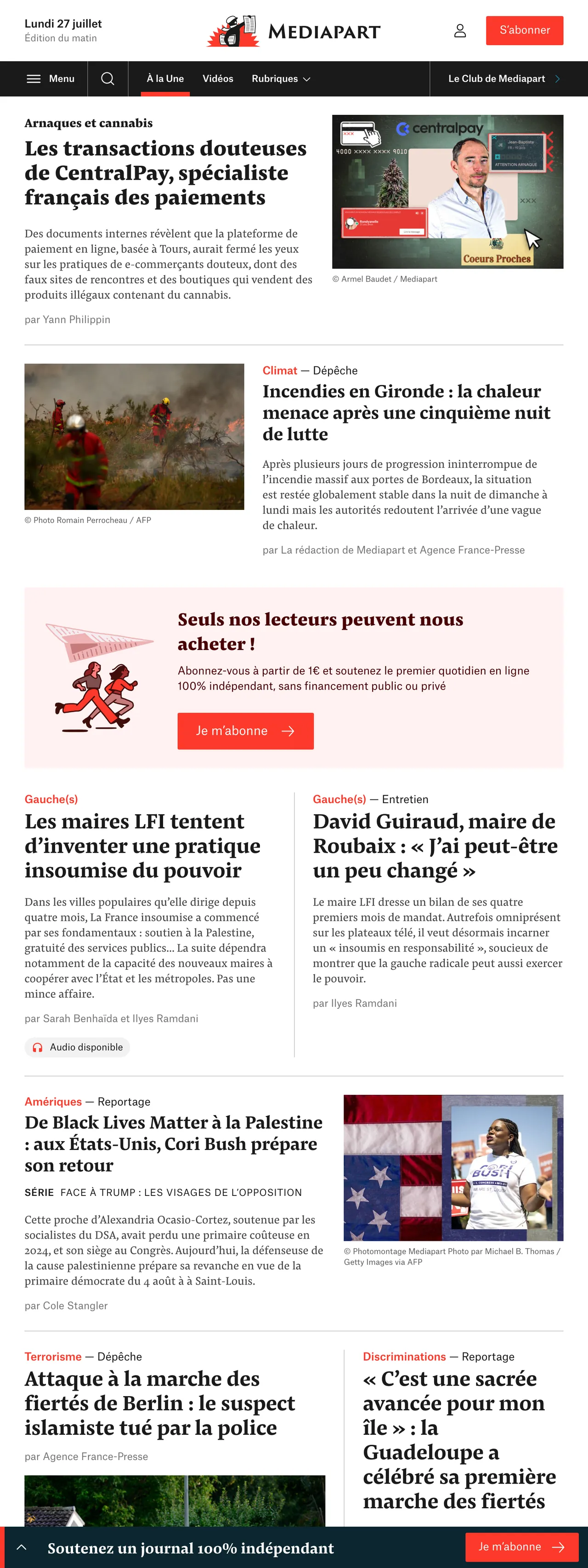 Screenshot of the Mediapart front page