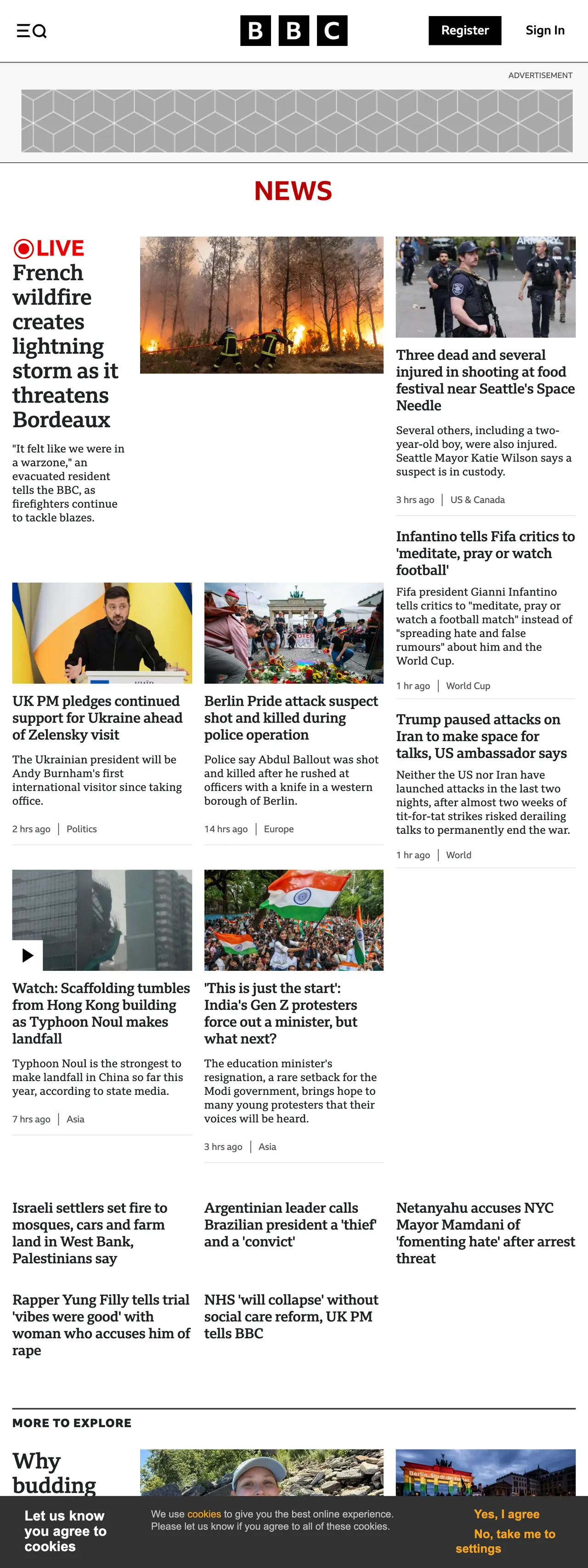 Screenshot of the BBC News front page