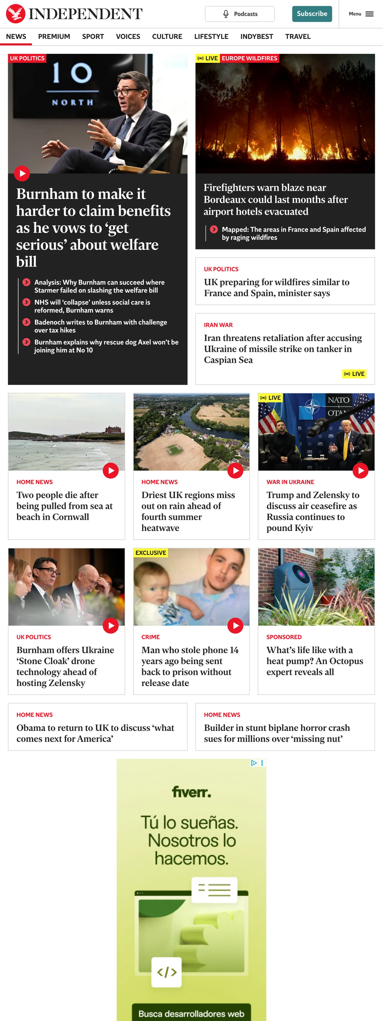Screenshot of the The Independent front page