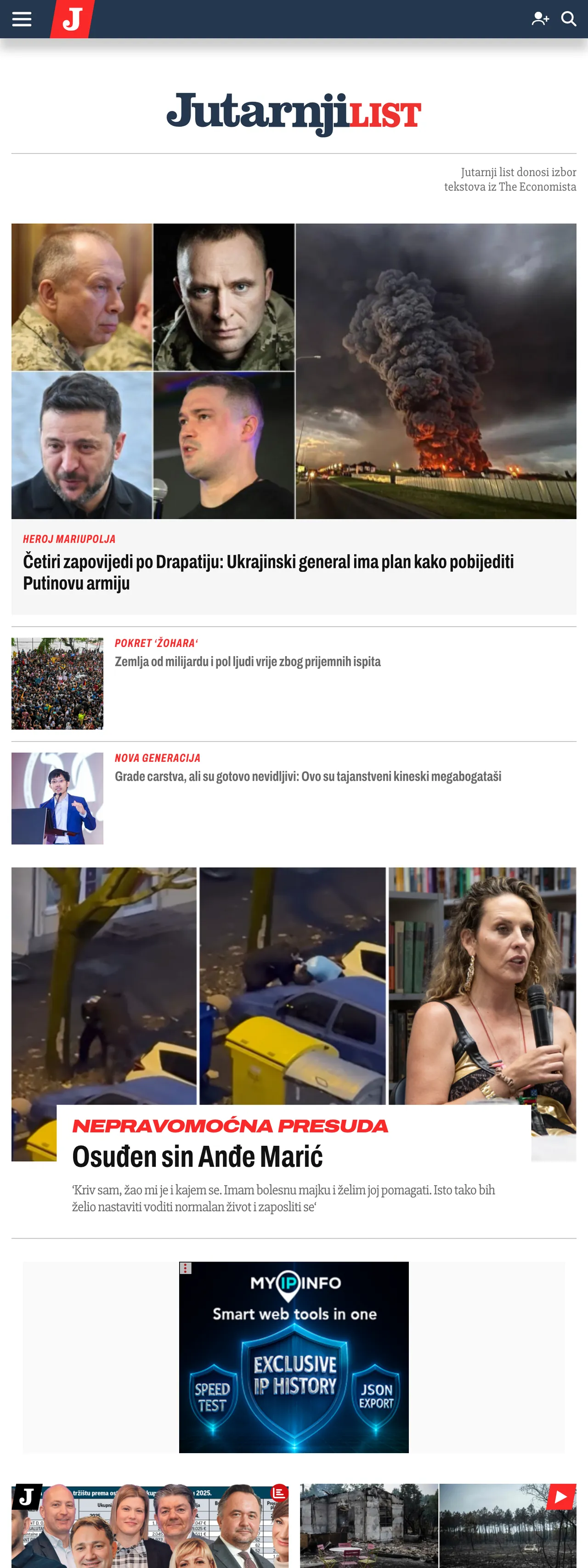 Screenshot of the Jutarnji list front page