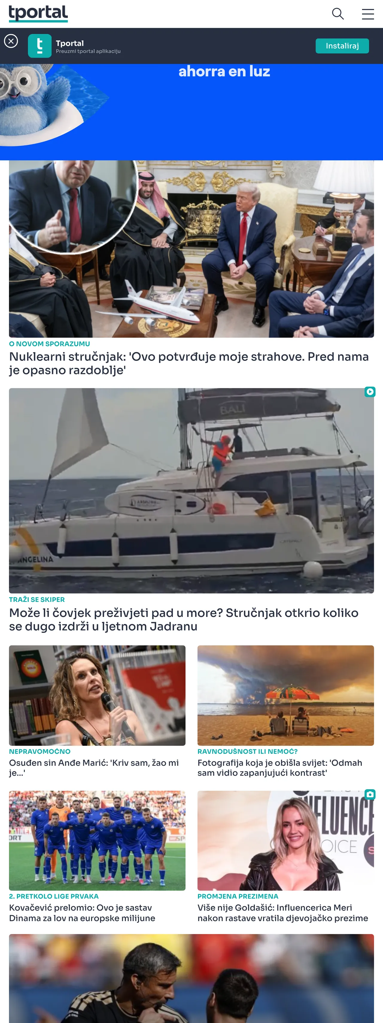 Screenshot of the tportal front page