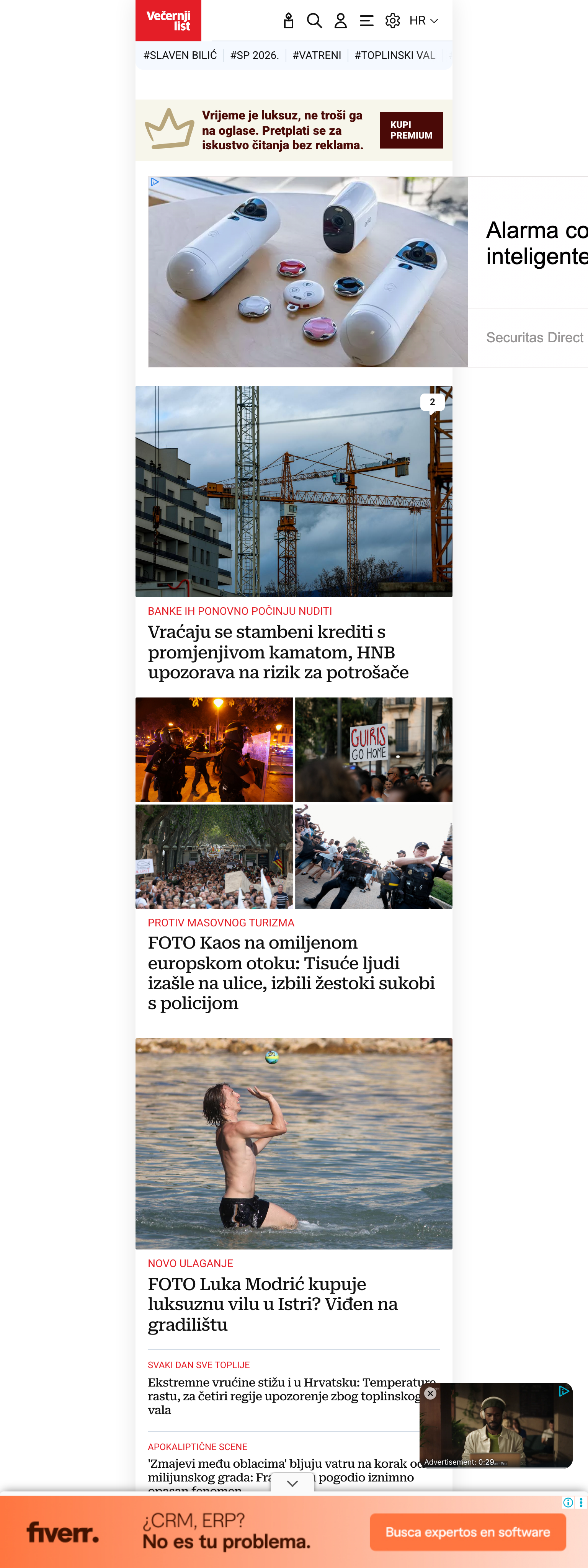 Screenshot of the Večernji list front page