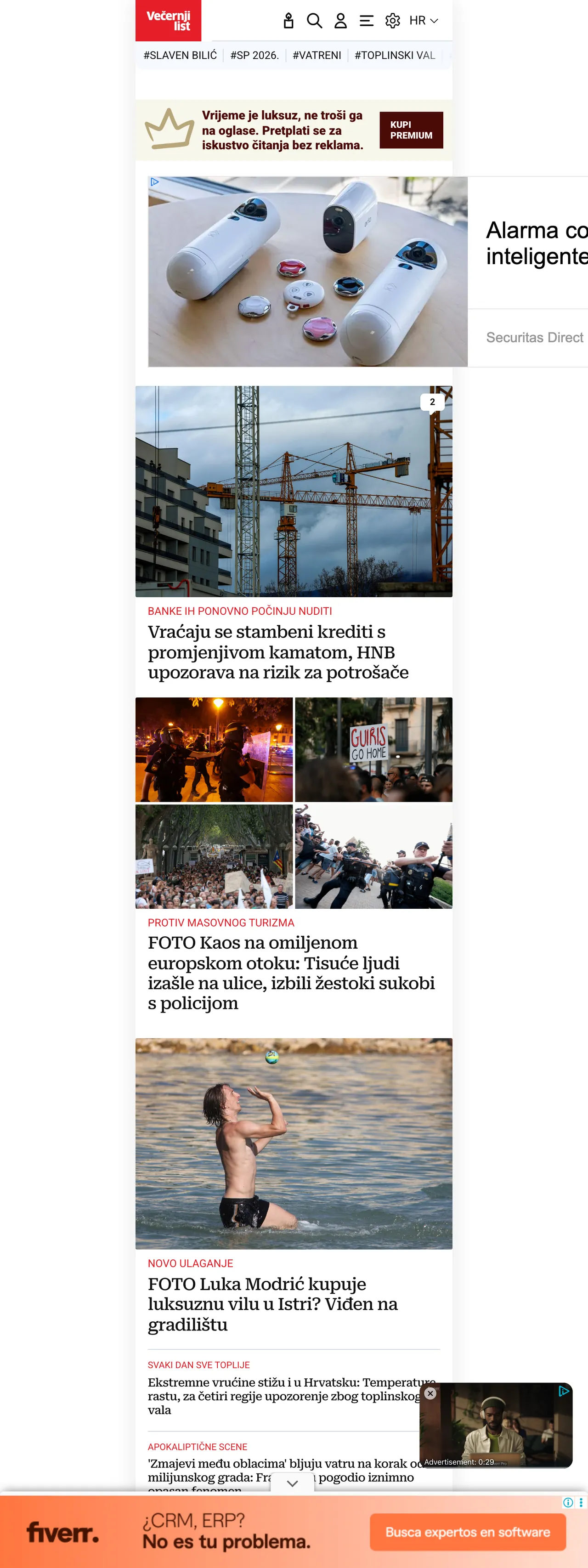 Screenshot of the Večernji list front page
