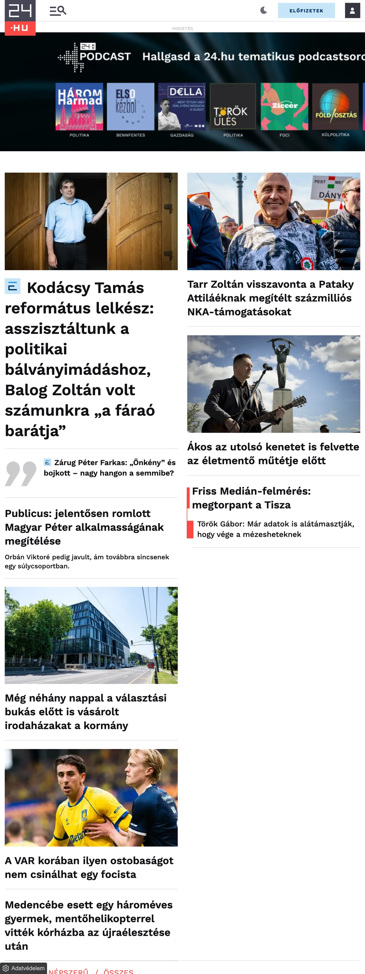 Screenshot of the 24.hu front page