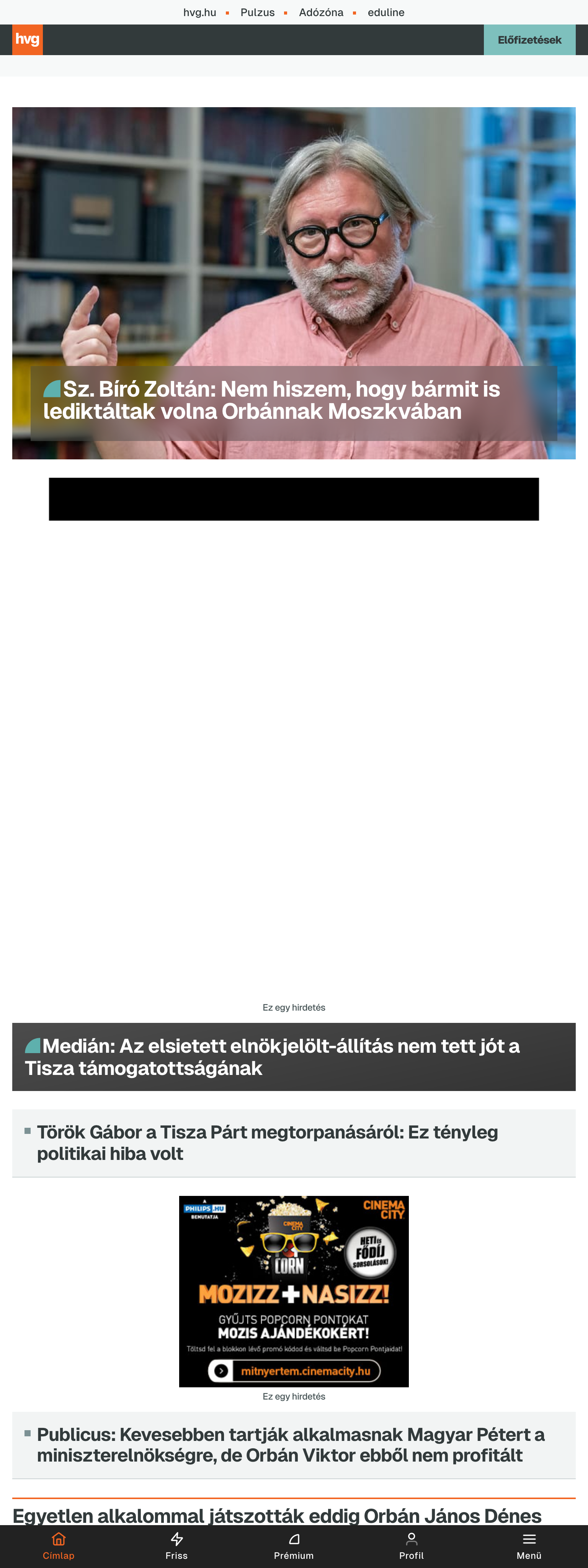 Screenshot of the HVG front page