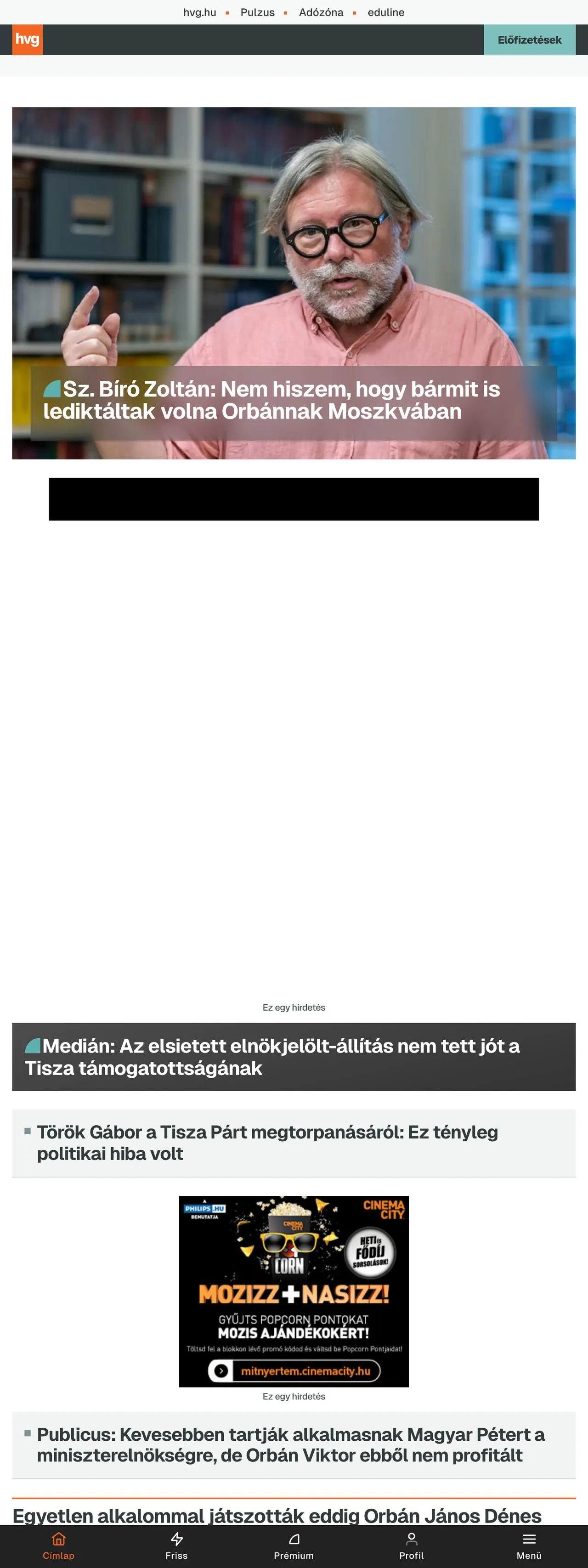 Screenshot of the HVG front page