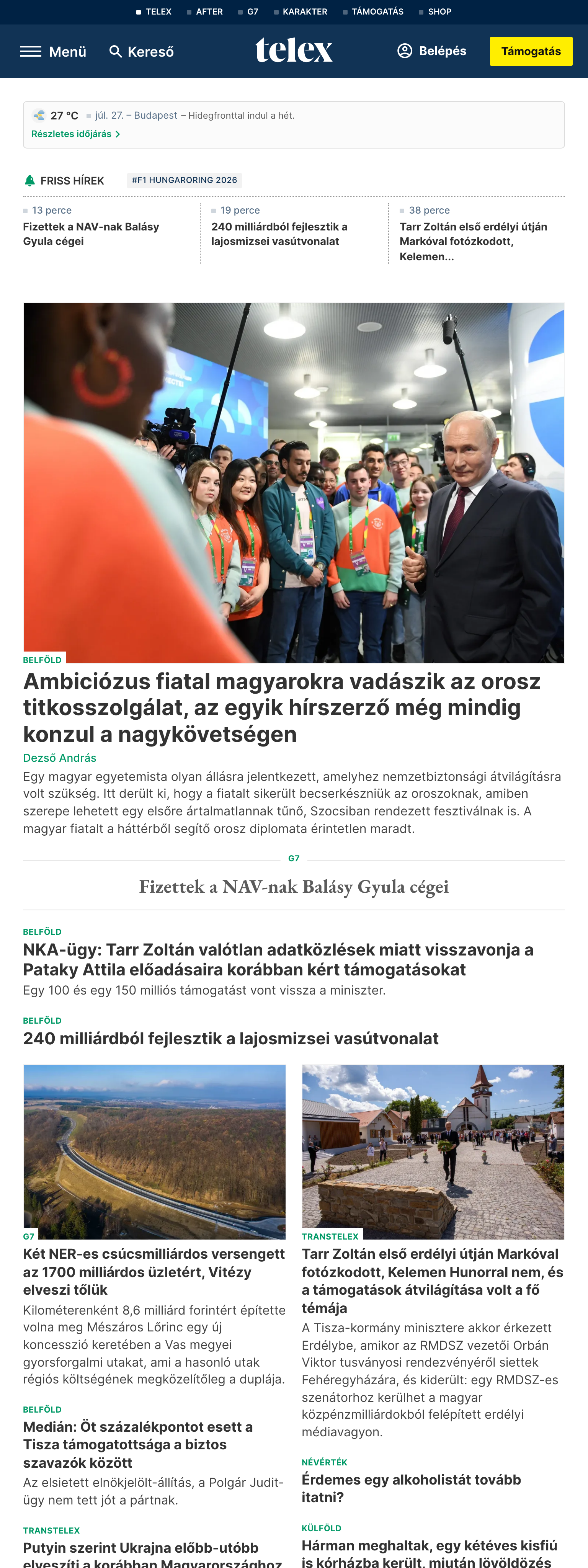 Screenshot of the Telex front page
