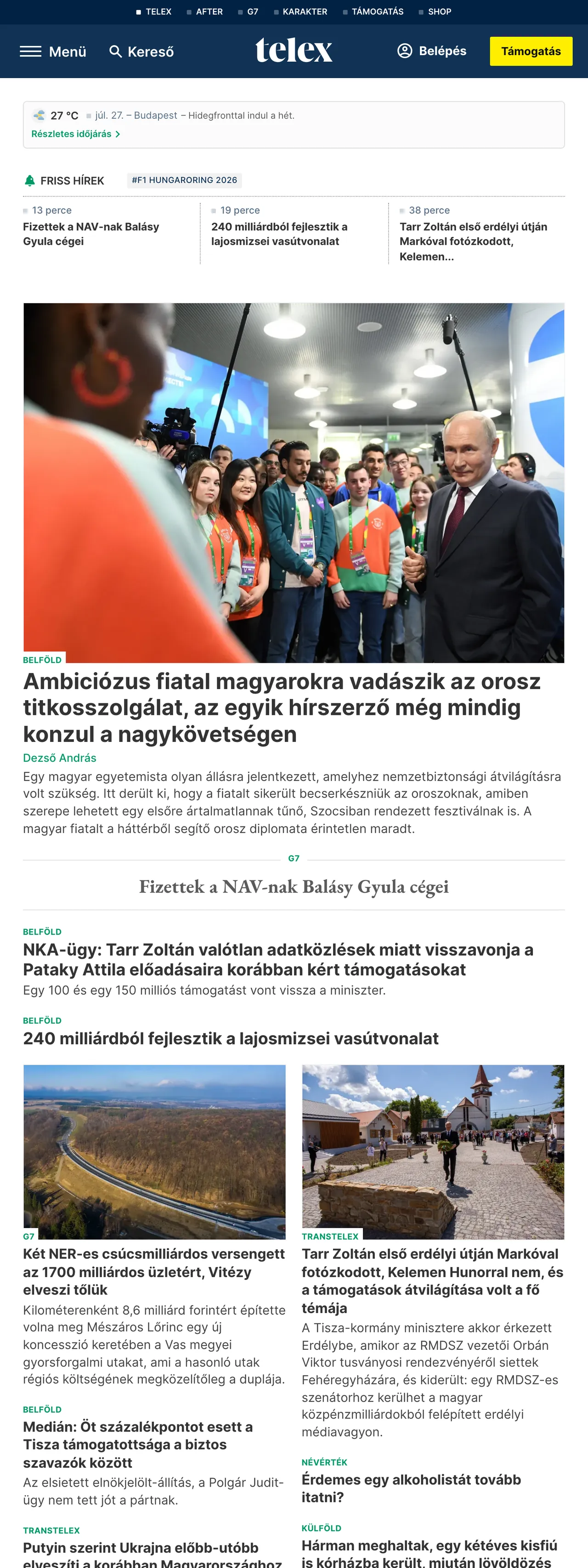 Screenshot of the Telex front page
