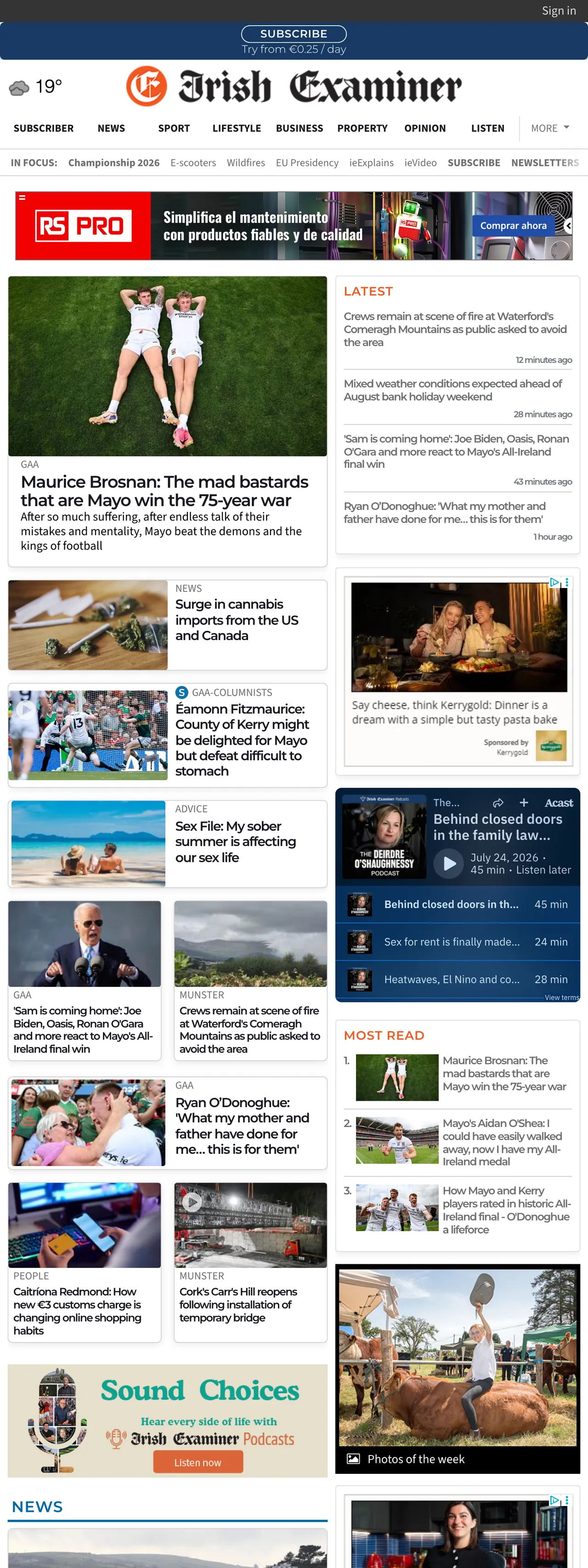 Screenshot of the Irish Examiner front page