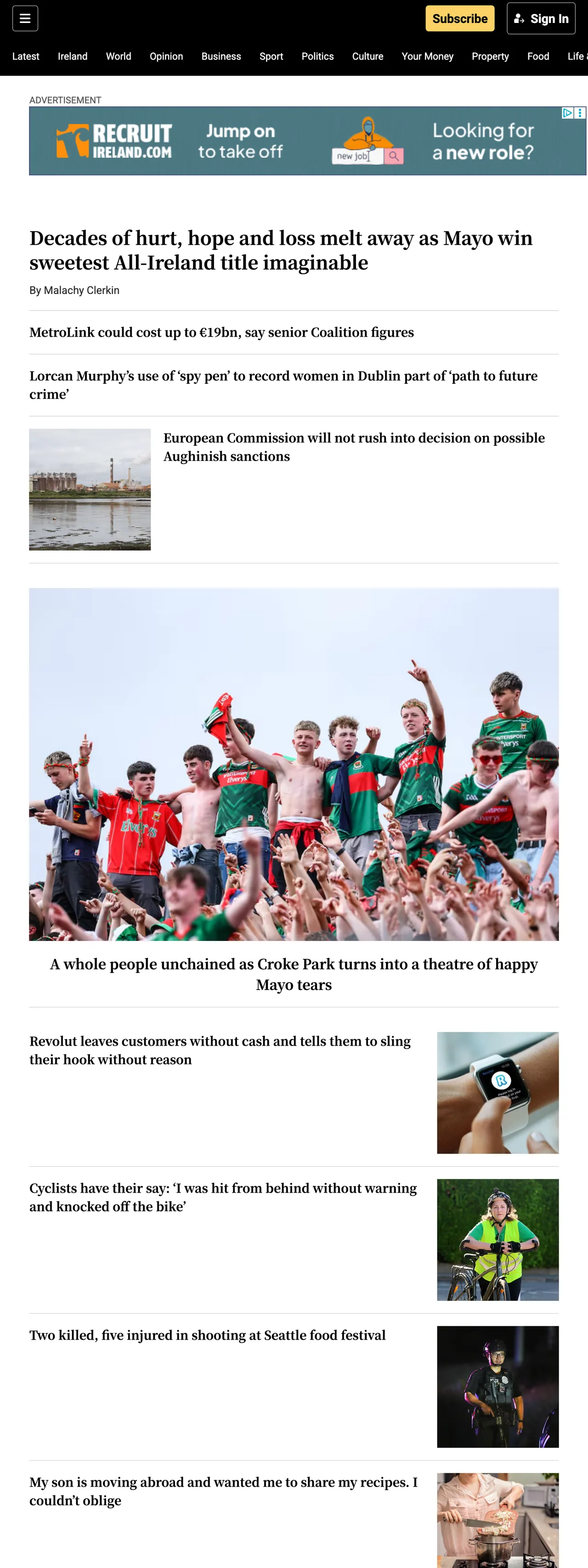 Screenshot of the The Irish Times front page