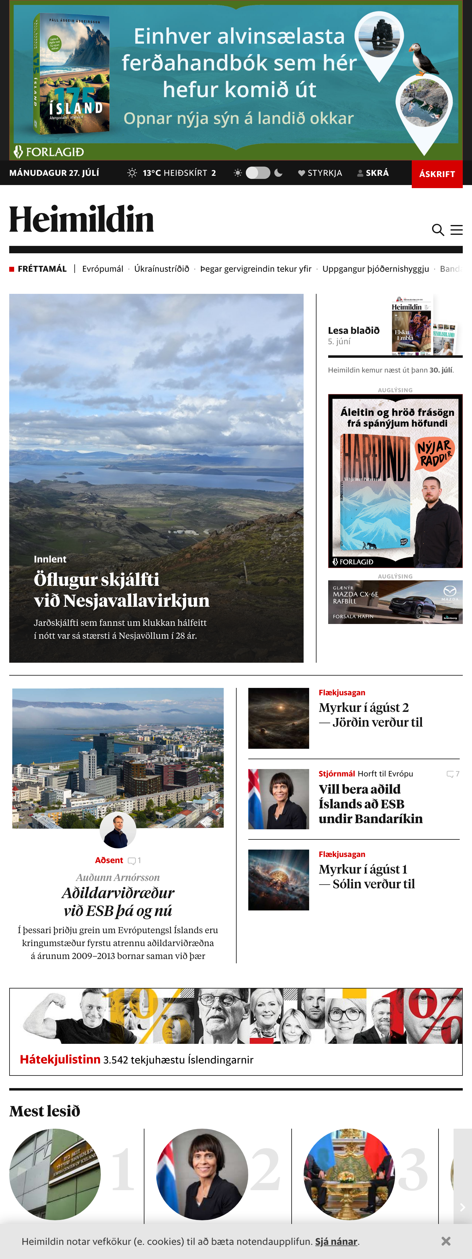 Screenshot of the Kjarninn front page