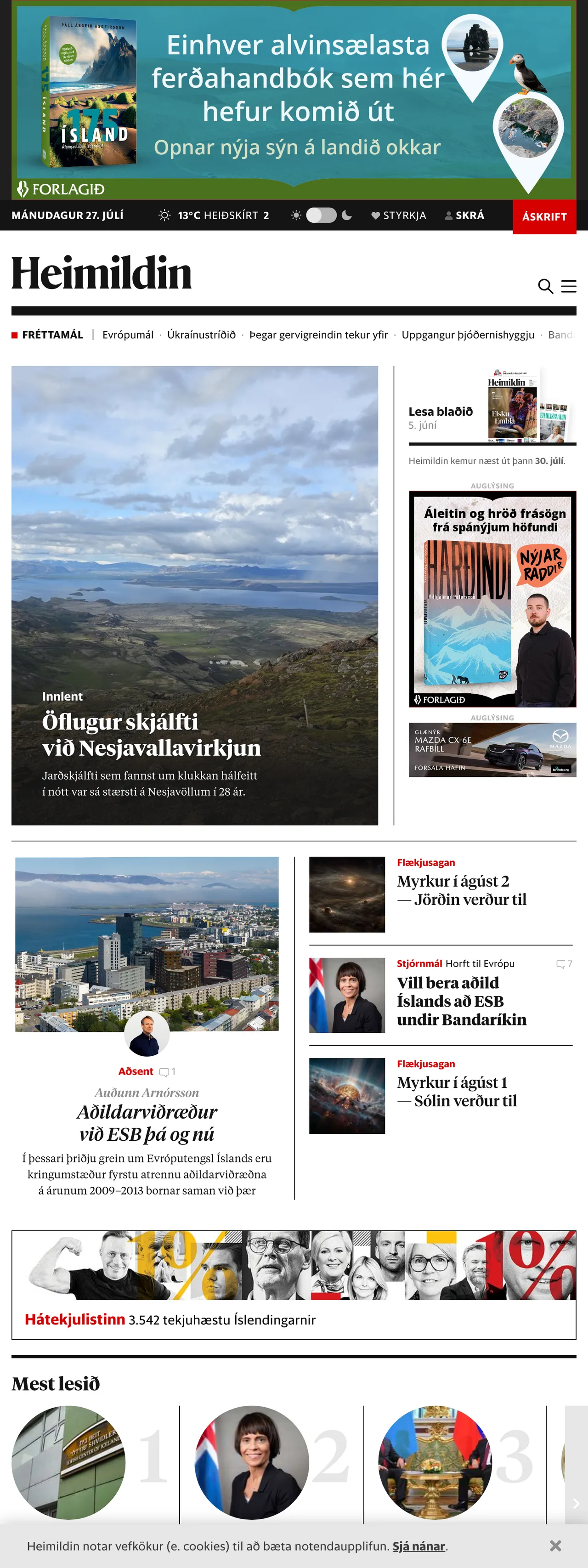 Screenshot of the Kjarninn front page