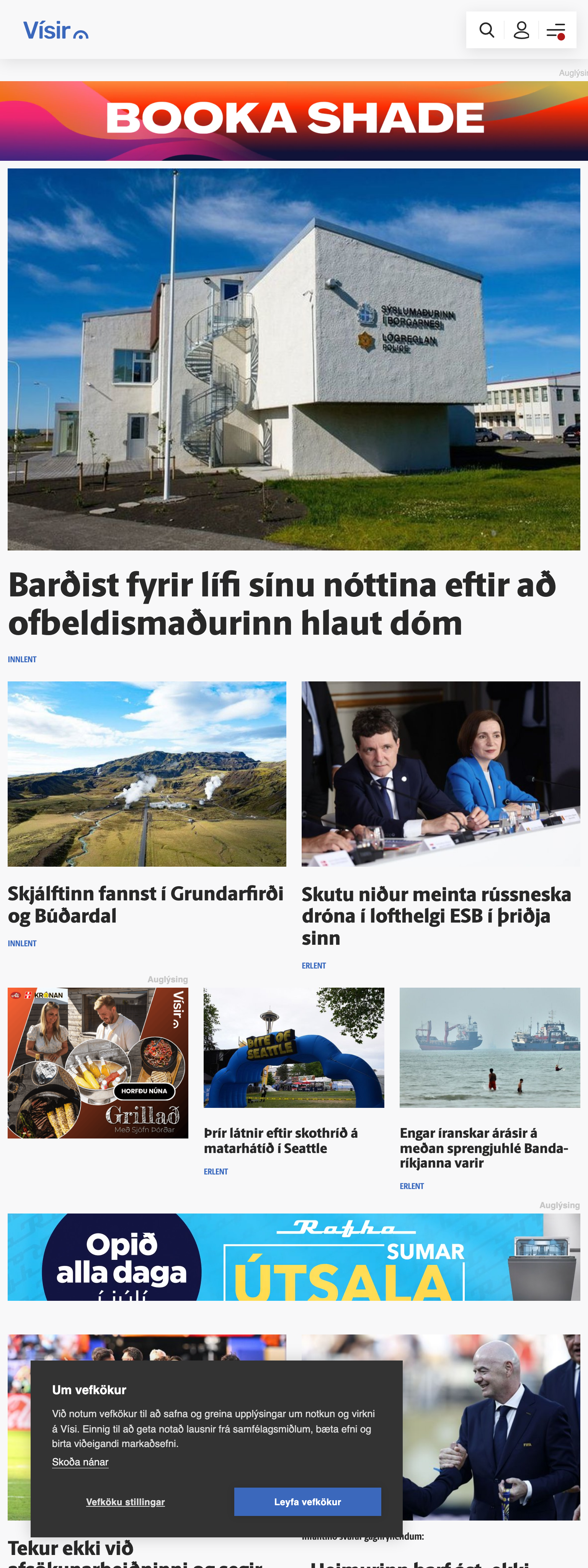 Screenshot of the Vísir front page