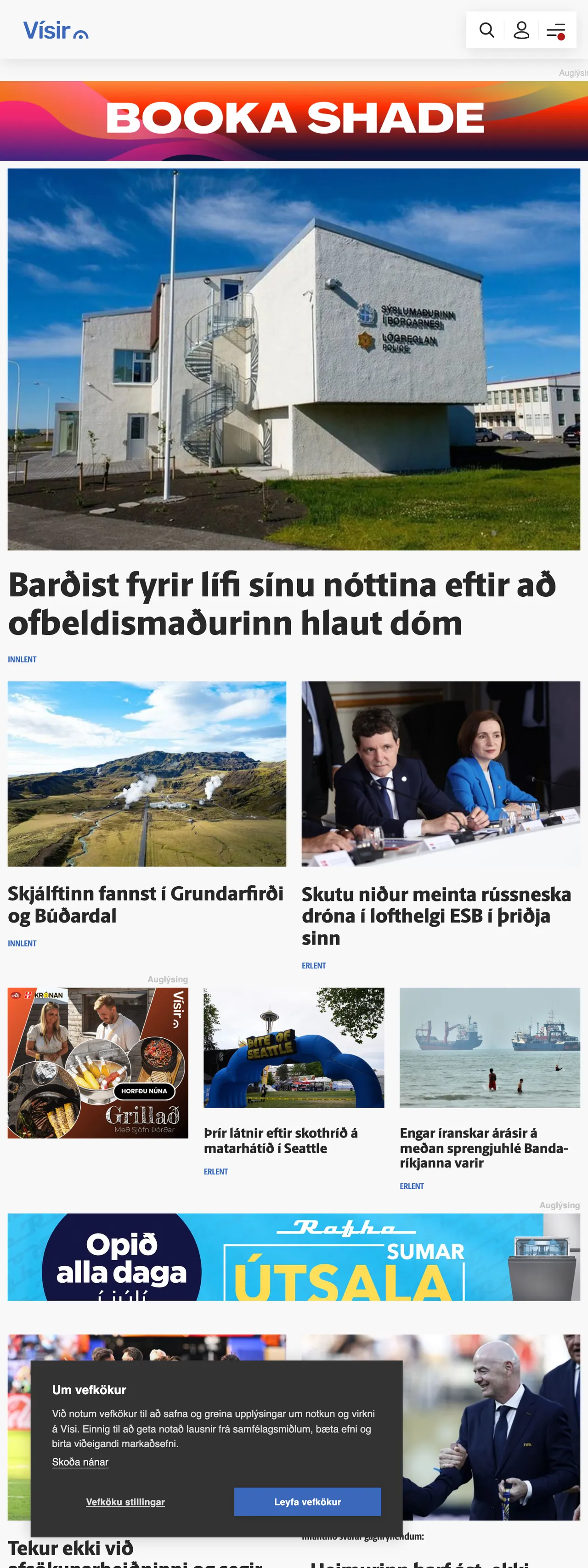 Screenshot of the Vísir front page