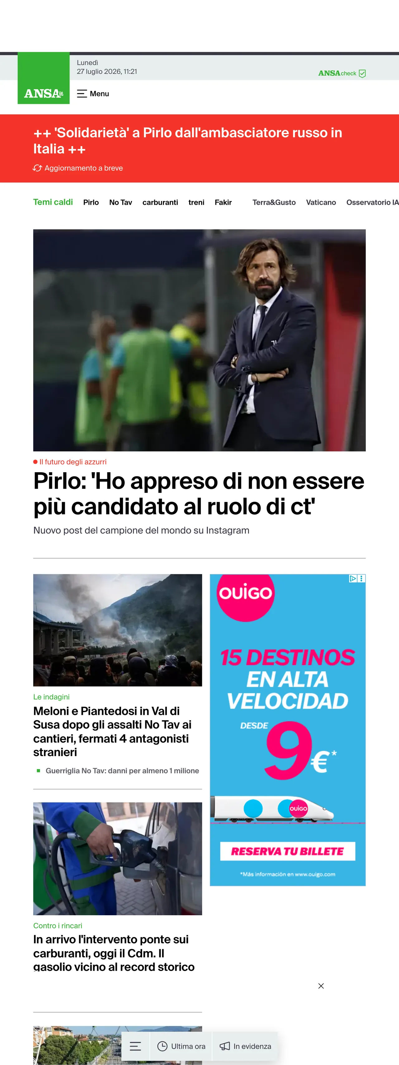 Screenshot of the ANSA front page