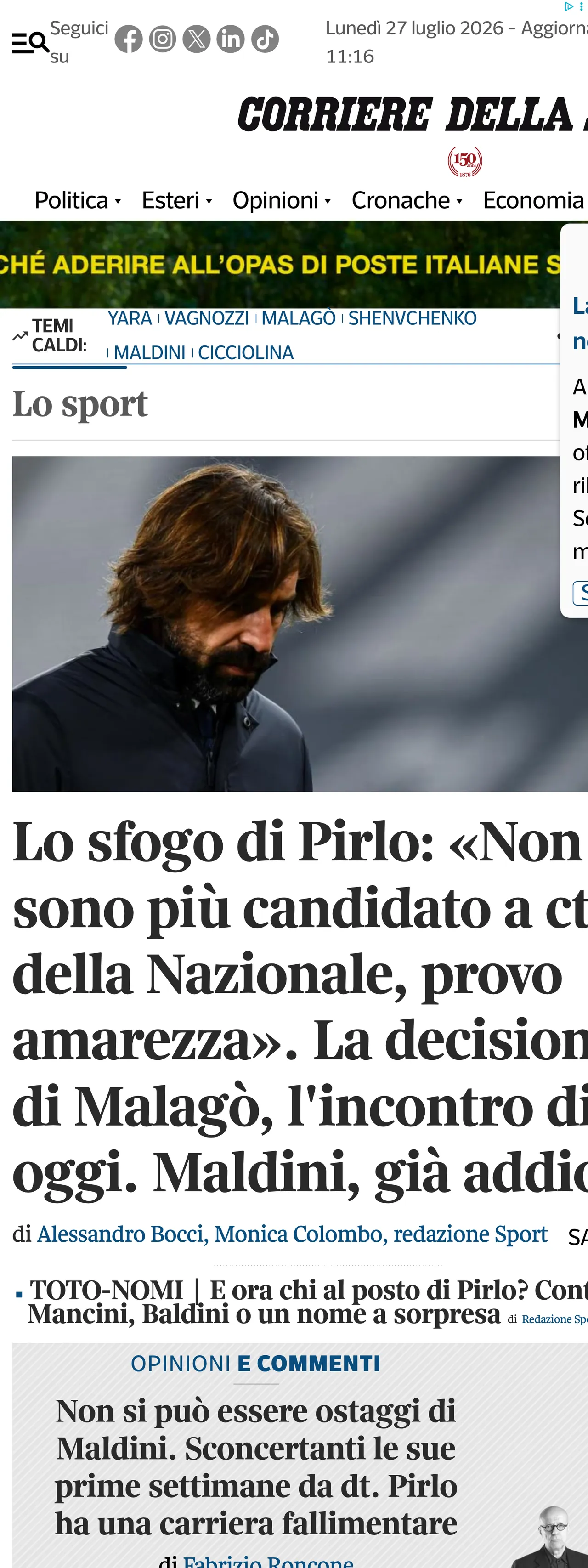 Screenshot of the Corriere della Sera front page