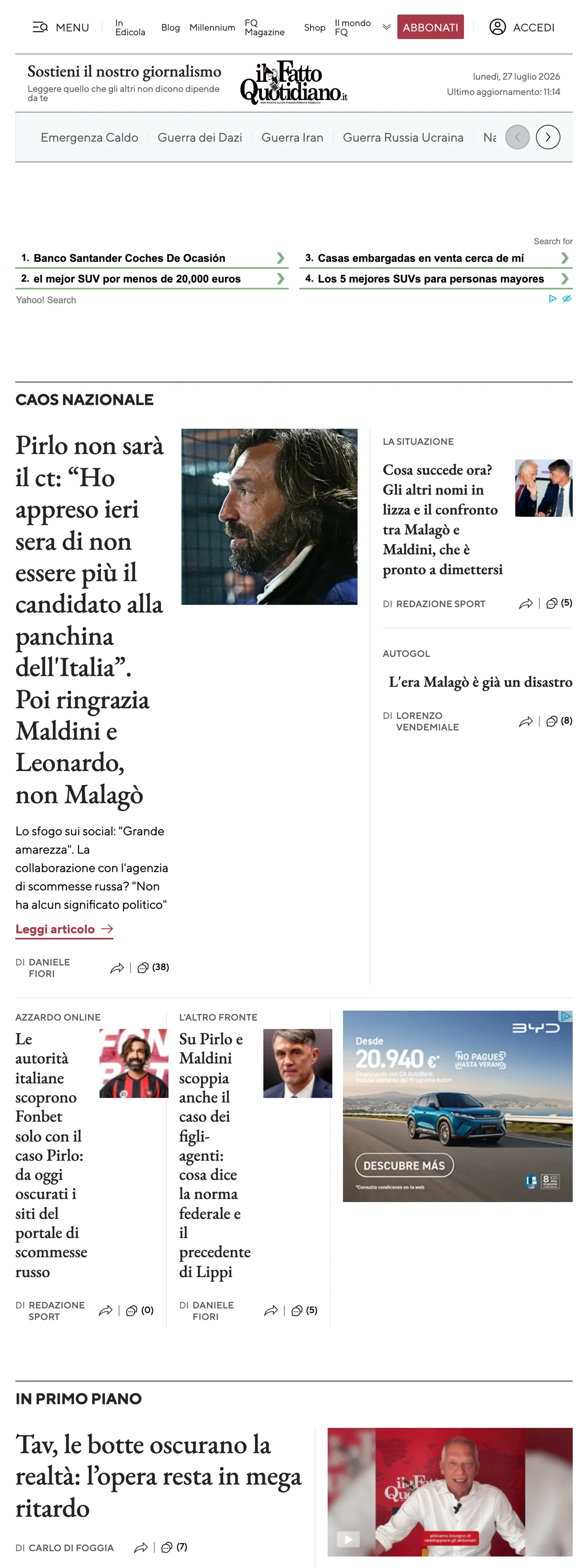 Screenshot of the Il Fatto Quotidiano front page