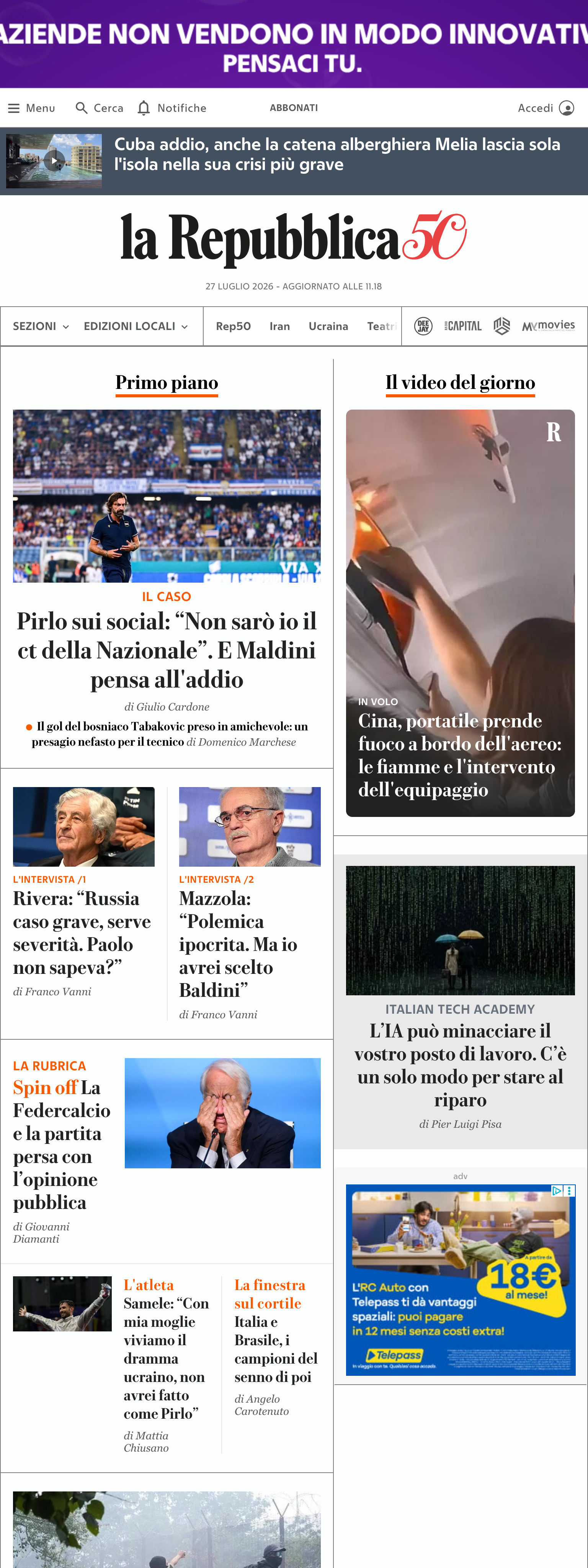 Screenshot of the la Repubblica front page