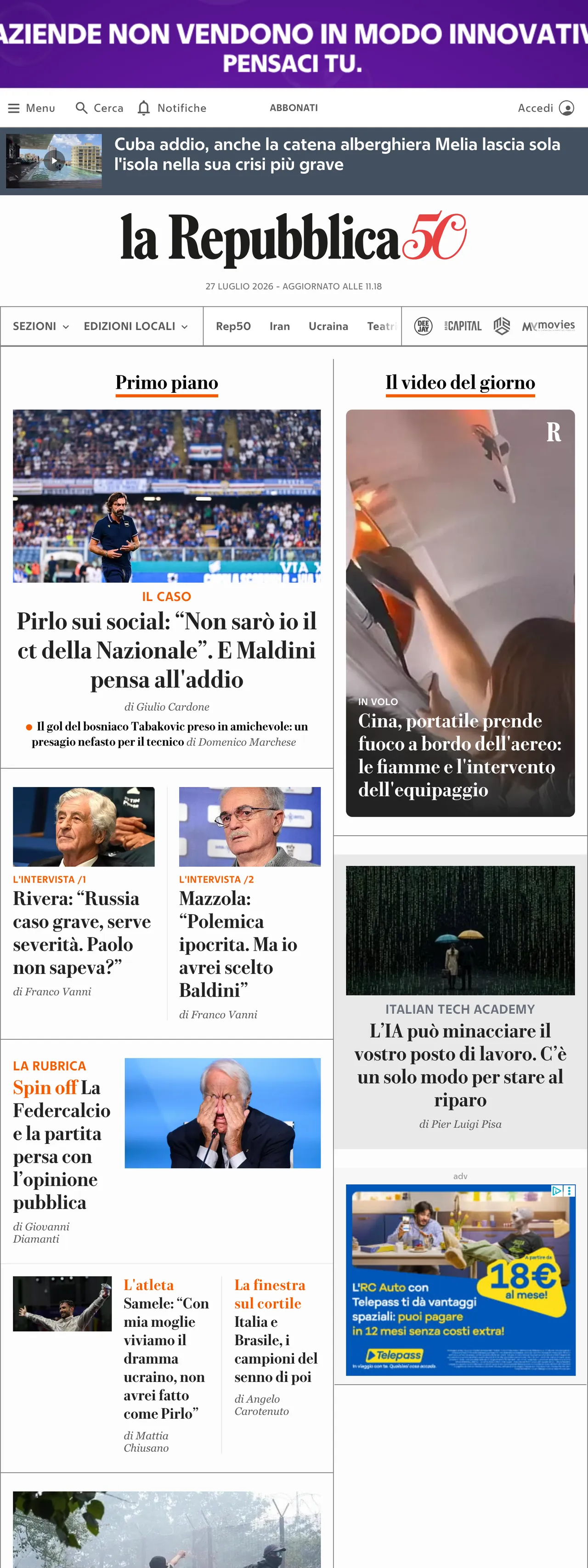 Screenshot of the la Repubblica front page