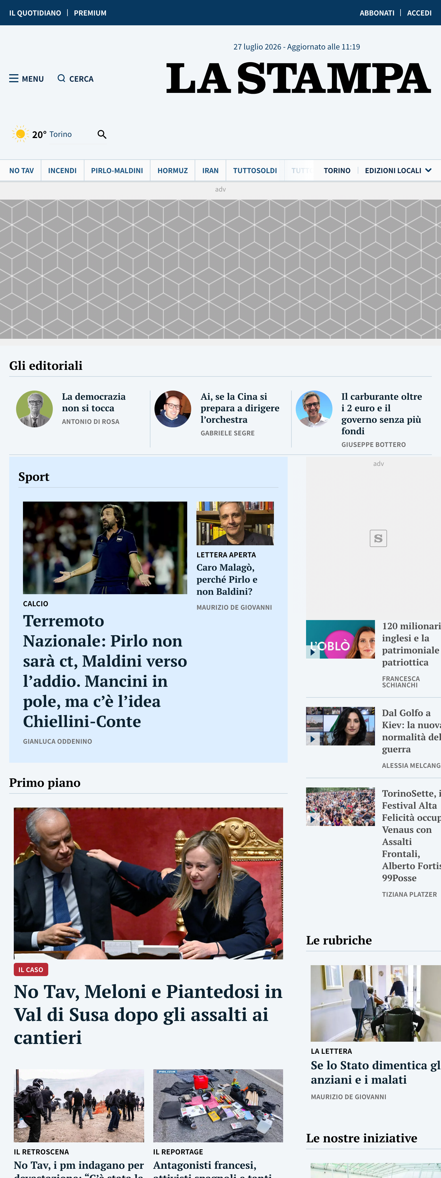 Screenshot of the La Stampa front page